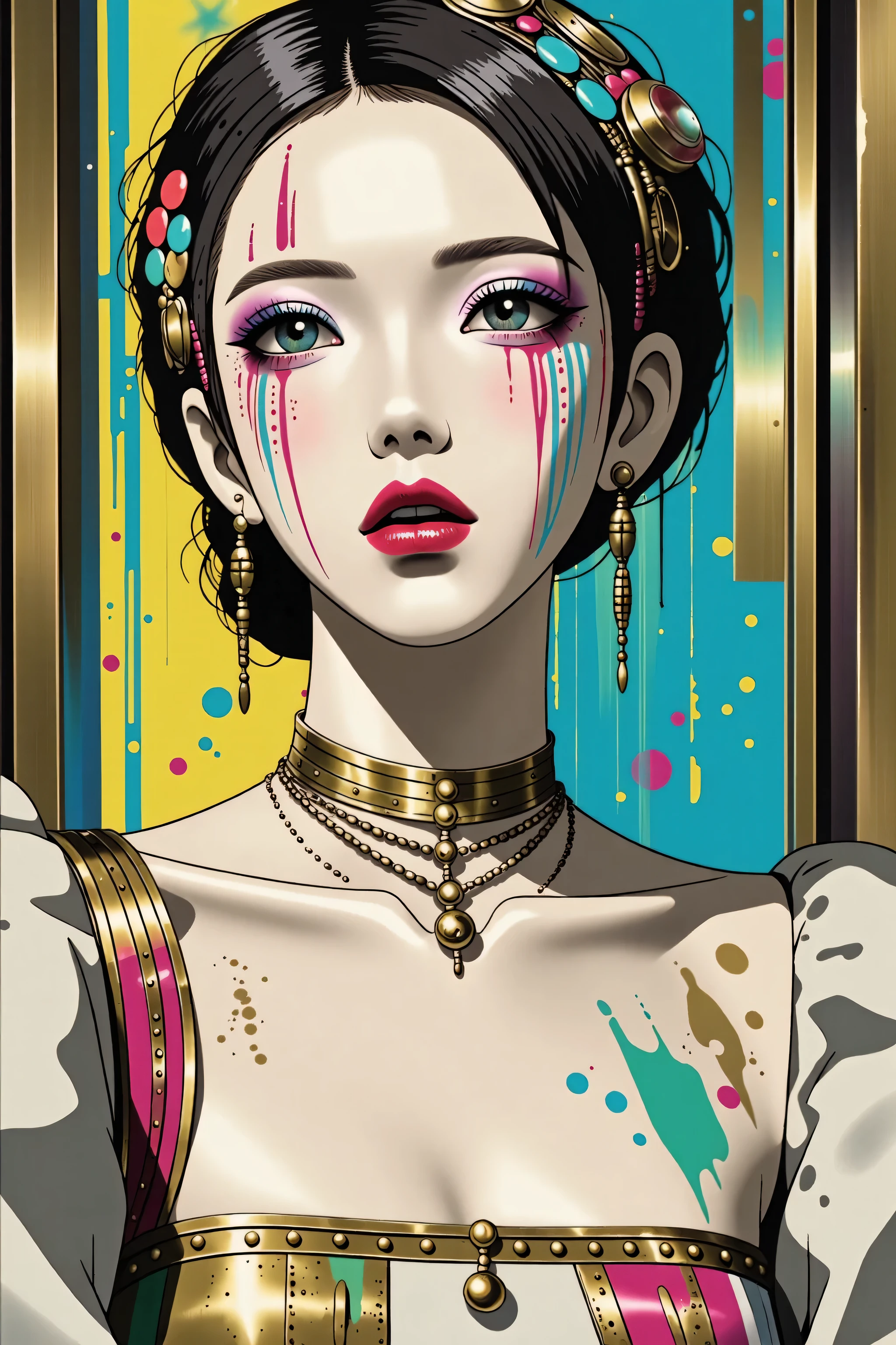 80’s glam rock makeup on shiny face, asian girl, anime, 2.5D, moody lighting, (green, pink, gold), pretty, sexy, minimal, sleek, slender, asian, elegant, futuristic, retro, sophisticated half human half machine, mouth open wide, Kizi,(eyes looking off to side), Highly detailed, Amazing work,Vitreous luster, blues, yellows, Best quality at best,shiny skin, no background, colorful background, green background, pink background, gold, background, plunging neckline, sexy pose, dynamic pose, heavy blushing, huge breasts,