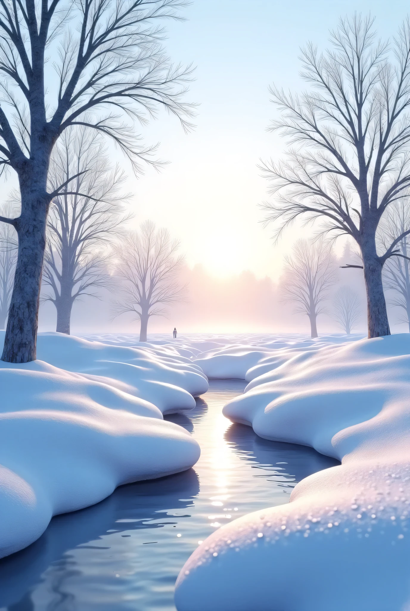 Snowy river in a winter landscape with trees and snow - SeaArt AI