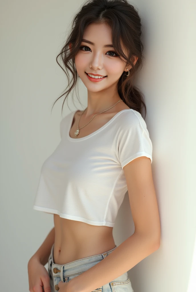 High resolution, One girl, solo, 20-year-old woman, Long Hair, smile, Brown Hair, Large Breasts, Droopy eyes, Double teeth, Simple Background, Background blur, Highest quality, High-resolution model, Ultra high definition, Glamour body, Symmetrical face, Underwear is visible, White T-shirt, Mini Pencil Skirt, Beautiful white skin