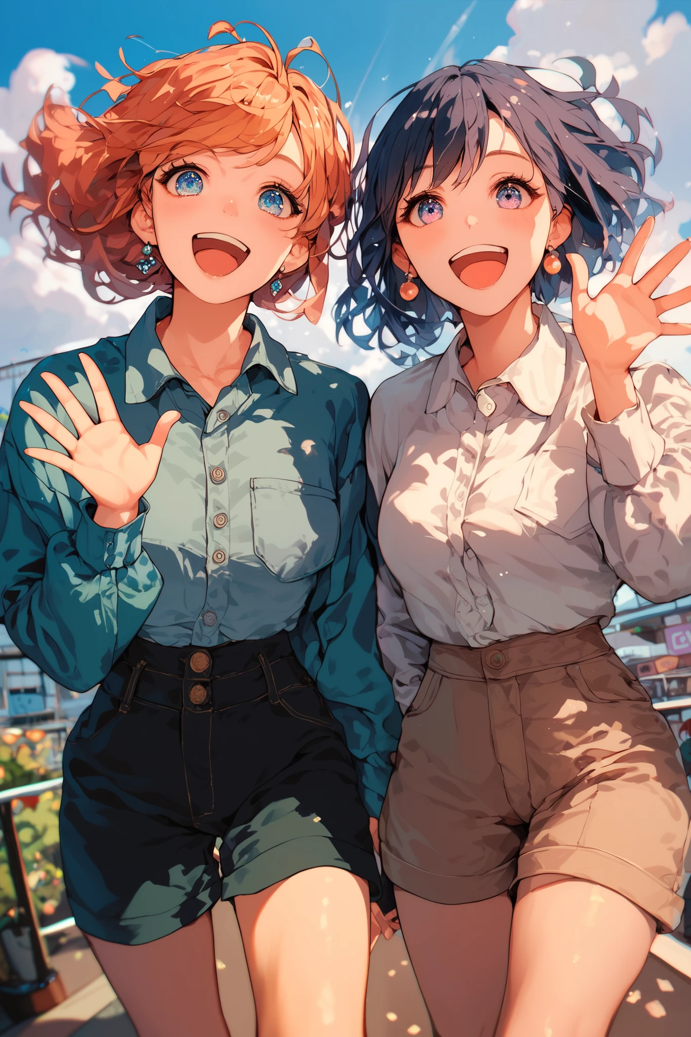 2girls, dance, waving hair, windy, happy