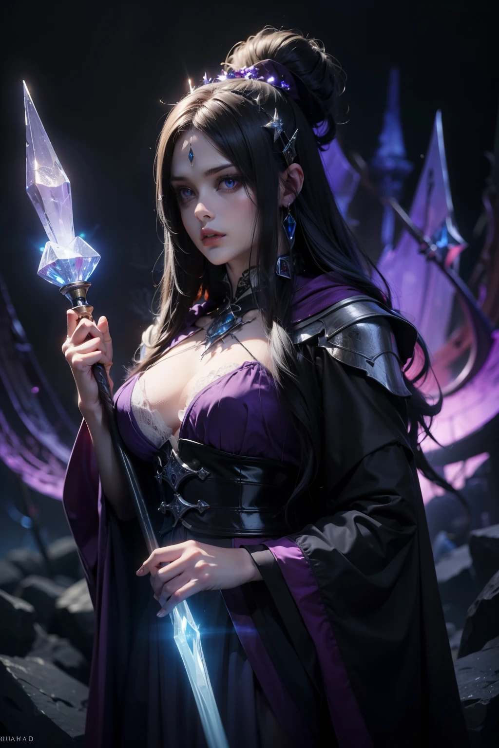 Dark sorceress with long black hair, pale skin, wearing a deep purple robe adorned with silver runes. She holds a twisted staff topped with a glowing crystal. Her eyes glow with an eerie purple light. Medieval fantasy setting, dark and foreboding atmosphere