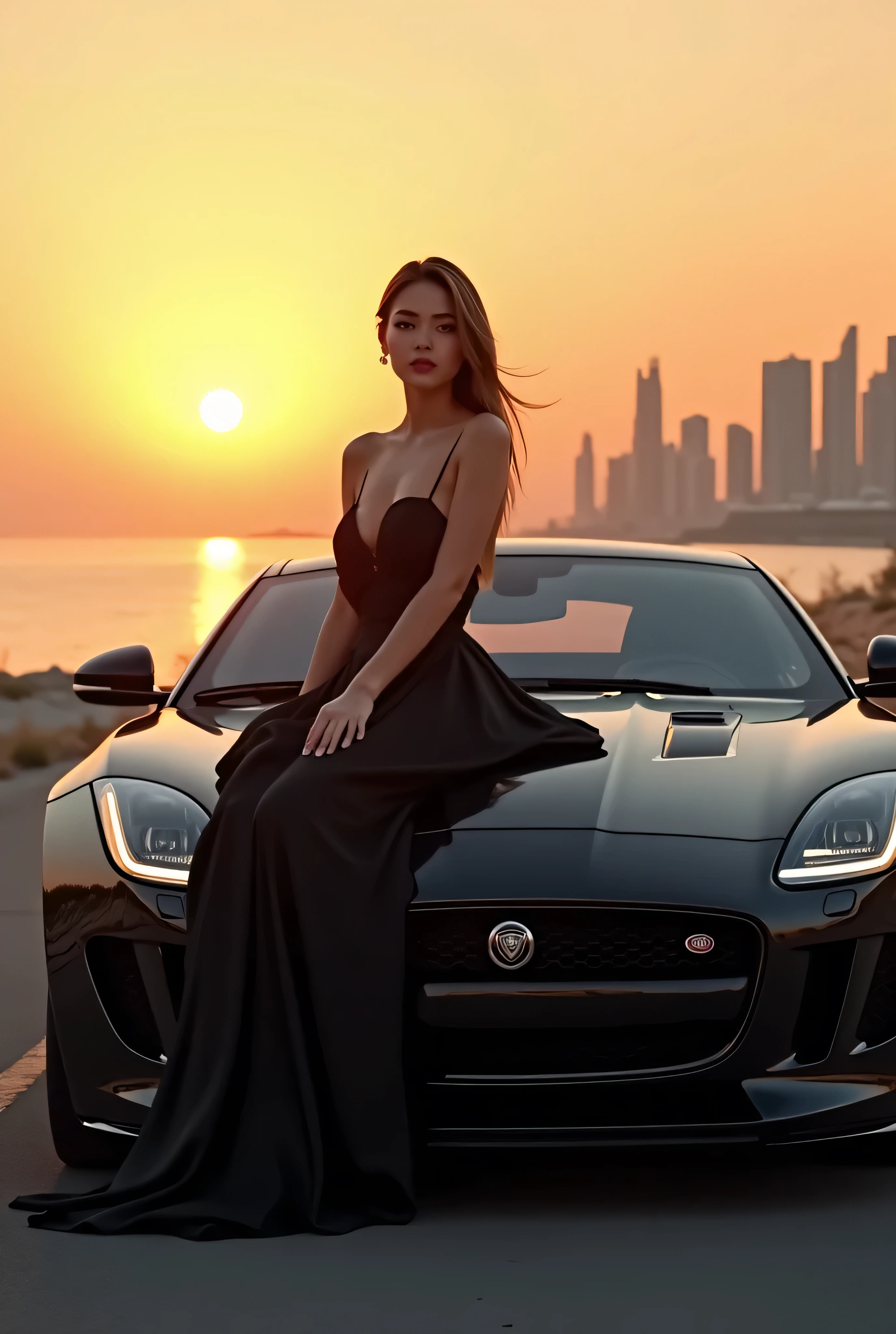 Arafed woman in a black dress sitting on a sports car - SeaArt AI