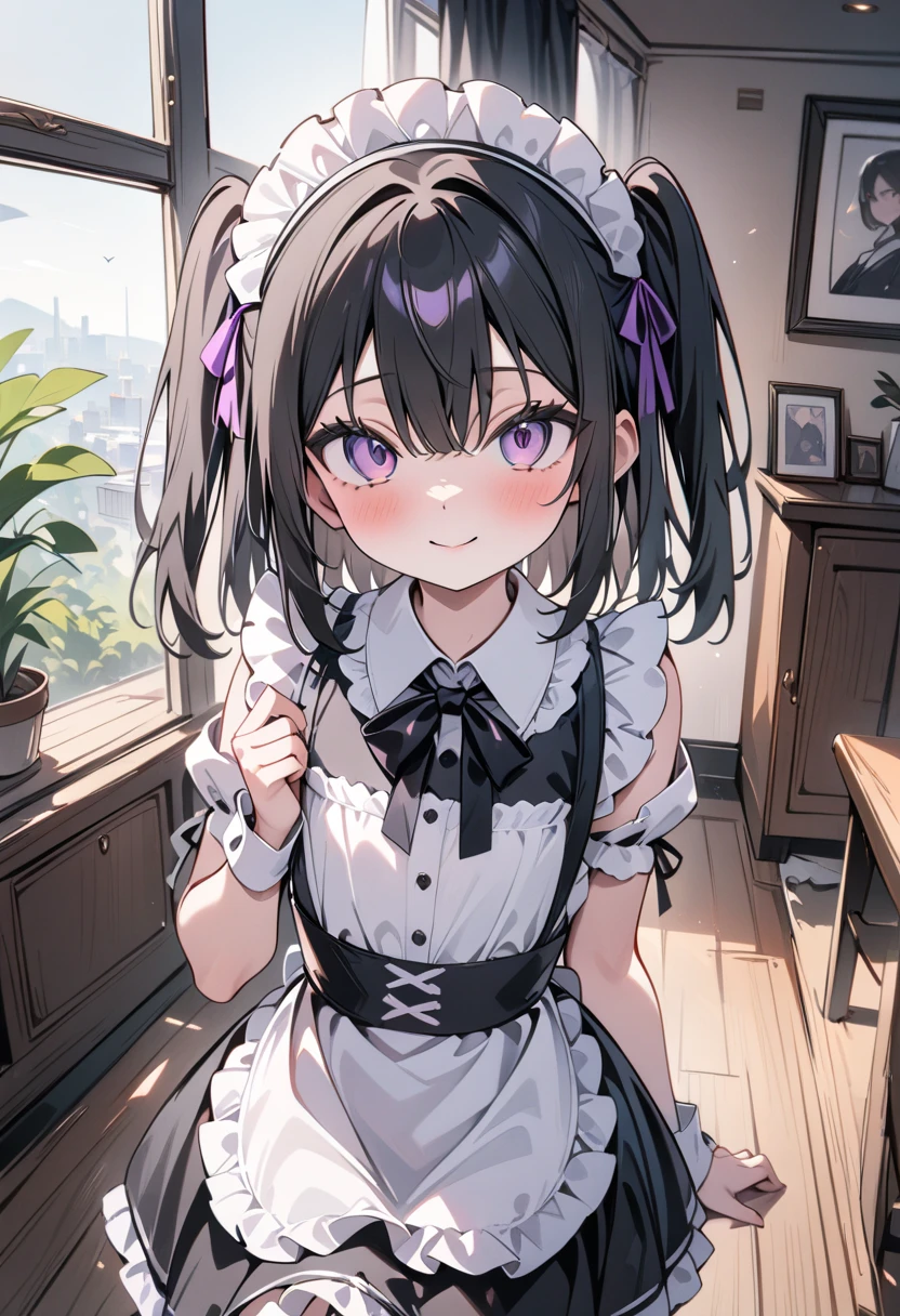 yuukikonno, Yuki Konno, hair band, long hair, pointy ears, purple hair, (red eyes:1.5), (small breasts:1.2),Ahoge,face tilted to one side, twin tails,Open your mouth and smile happy, smile, open your mouth,blush,she was wearing a maid skirt, black stockings on her legs, I'm back with both arms behind one.,lean forward,peek from above,bare shoulders,Cute standing figure,ベッド
break looking at viewer, Upper body, whole body,
break indoors, Bedroom,
break (masterpiece:1.2), highest quality, High resolution, unity 8k wallpaper, (shape:0.8), (fine and beautiful eyes:1.6), highly detailed face, perfect lighting, Very detailed CG, (perfect hands, perfect anatomy),
