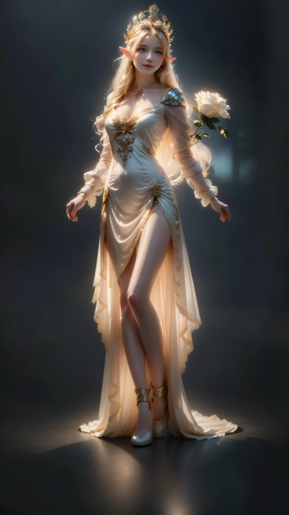   A blonde beauty  ，  head to the side  ，  woman wearing a white dress ，  There are delicate metal details on the skirt  ，Metal headdress  ，  The quality of the clothing fabric material is high  ，  Tall jewelry hanging around the neck  ，  Low Saturation features a woman in a white dress holding a red rose, beautiful and elegant elven queen, ((  a beautiful fantasy Empress)),   a beautiful fantasy Empress,  xianxia  whole body ,  beautiful  whole body concept art , anime goddess, Kushatt Krenz Key Art Women,   artgerm on artstation pixiv  , Beautiful and elegant female elf  , blonde elf empress ，  UNREAL ENGINE5  ,  cinematographic lighting  ,particle, realistic PVC textures ,,  cinematographic photograph  ,  Apply vertically all over her body  ,poster for  ,  light smile  ,  beaded necklace  ,  Bokeh effect  ,Verismo,  cinematographic lighting  ,  Ray Tracing,reflective light,  Shading pen ,  Anatomically correct ,  Textured Skin,super  detailed,highly  detailed,   high-quality cutlery  ,  masterpiece,retinas,Necessary,  Prizes received  ,  best angle quality,,  um diamante naval de  High resolution  。 exaggerated shape and divine beauty .", body proportions, (Chapped lips:1.4), (nasal blush :1.2), shortening, black cuts, (eye contact),   high-contrast costume , ultra  High resolution,  High resolution,  detailed, Clean face, ( sexy face:1.5), ( Big purple eyes :1.2), ( ultra  detailed eyes :1.4), (  High resolution eyes:1.1), ( ultra  detailed skin texture :1.4), Persephone, Persephone, Persephone, (sfw:1.5), ( whole body:1.8), (upper body:0.3), (hyper realistic:1.4), (realistic:1.3), ( best quality real skin texture), olhos  detaileds,  detailed face, olhos  detaileds,  detailed face, Persephone, (( High resolution)), (( pale skin)), ((very  pale skin)),   muscular body  , Cinderella, wearing a ball gown (revealing her breasts and her pubis ), in the ballroom of the Prince, during a noble ball, super big hips, belle 