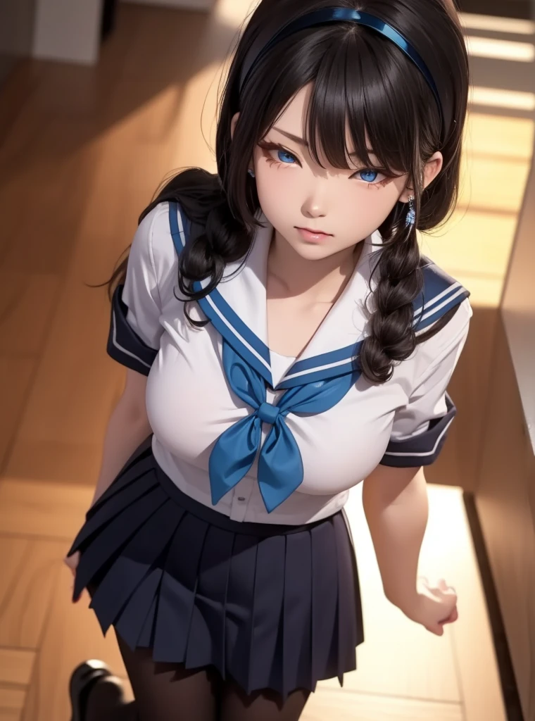 (8K, RAW photo, highest quality, masterpiece:1.2), (realistic, photo-realistic:1.37)、26 year old white woman、hair is black、Eye color is indigo、long hair、I braid it lightly、Slender but well-proportioned muscular body、setting hair、I'm punching my chest、accessories on the ankle、smile、I'm wearing a hair band、Wearing a sheer tie-front shirt、My abs are cracked、I can see my bellybutton、Wear a navy blue low-rise micro mini pleated skirt、Looking from above