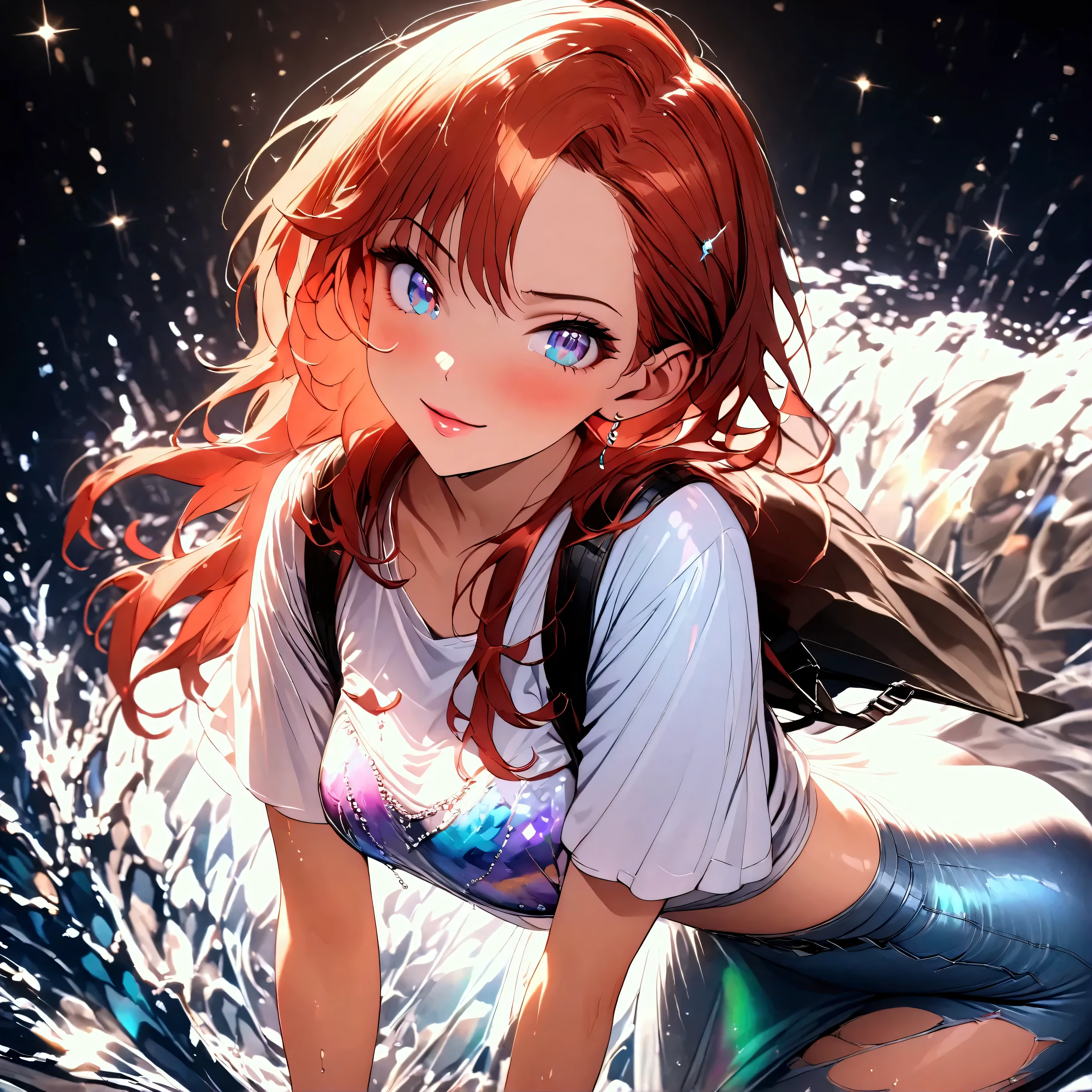 (beautiful girl:1.3),1girl,masterpiece,Highest quality,Ultra-high resolution,rich contrast,super high quality,8k,Highly detailed CG unit wallpaper,texture,Incredibly absurd,Ultra-high resolution,Highest quality anime,professional photograph,an extremely delicate and beautiful,RAW Photos,Depth of Field 1.2,ultra-detailed eyes,Glitter Effect,Beautiful glossy lips, 25years old, gorgeous legs, noise perfect, gorgeous ass, 1girl, gorgeous ass, dynamic pose, sensual woman, seductive woman, mature woman, Milf, maternal, shy look, full body, DisneyAriel, 1girl, red hair, blue eyes, long hair, princess Ariel the little mermaid, (type of photo: medium shot, portraying the person from head to waist), Casual Chic Set (Urban Style): Upper: Light gray oversized cotton T-shirt with an abstract artistic print in pastel tones. The neck is round and slightly elastic. Bottom: High-waisted, straight-cut jeans, worn at the thighs and subtly ripped at the knees. Shoes: White sports shoes, with metallic details on the sides. Accessories: Large sunglasses, black leather backpack and a minimalist watch.
