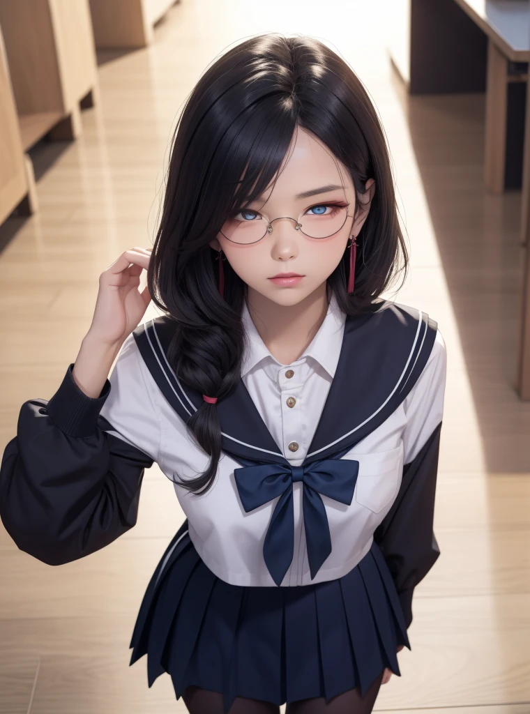 High resolution, Highest quality,  super high quality, Very detailed, 8K、underwear、、Embarrassing、Sweaty、Sweat、Embarrassing、(masterpiece:1.2, Highest quality), (Realistic, photoRealistic:1.4), Beautiful illustrations, (Natural Side Lighting, Cinema Lighting), View your viewers, whole body, 1 Girl, Japanese, high school girl, Perfect Face, Cute and symmetrical face, Shiny skin, Baby Face, (short hair, Low twin tails,Black Hair), Hair between the eyes, black eye, Big eyes, Droopy eyes, (Center of chest, Captivating thighs, Big Ass)、(Glasses:1.2)