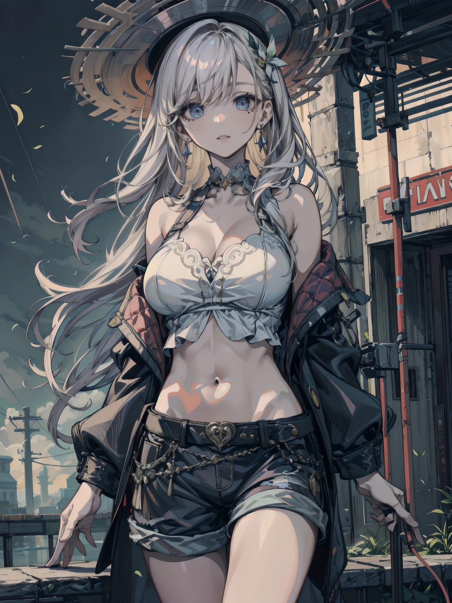 Adult girl, black skin, long white hair, blue eyes, black leather jacket, sleeveless, open breasts, jeans, tattoo, storm, Goddess of Weather, Masterpiece, best quality, Full HD, 8k, ultra details, great graphic