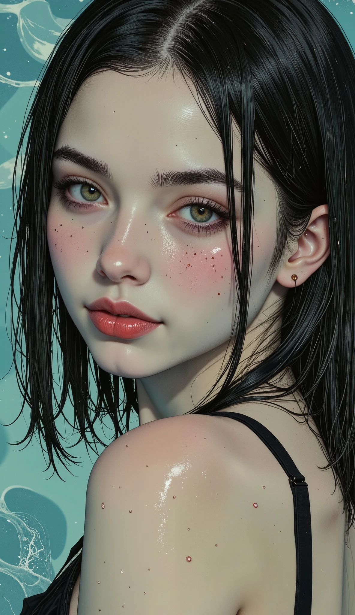 ((( Plan General :1.51) the dark and wet hair of a beautiful young woman Do drops of hair shine through the water When wet they fall down his face, humidity, the makeup runs through the eyeliner that goes down her cheeks , red lips with drops of water :1.5)), In a body of water . partially submerged in water you can see her knees , she is focused from above with the camera , look sensually at her mouth half-open , squinting eyes like Marilyn Monroe , the cyan water with waves due to the movement :1.4, cyberpunk art inspired by Yanjun Cheng , trends in CGSociety, Conceptual art, artwork in the style of guweiz, guweiz, Guweiz on Pixiv ArtStation , guweiz on artstation pixiv, Yanjun Chengt, electronic girl , E - Chica, Cyberpunk streetwear, ( best quality,4k,8K,alta resolución, masterpiece:1.2), ultra Detailed , sharp focus ,(realistic,photorealistic,photo-realistic:1.37), very detailed face , extremely detailed facial features ,hyper realistic skin texture, Extremely fine details , intricate details, detailed eyes, Detailed nose , detailed lips, detailed facial expressions ,Intricate facial anatomy, intense lighting, dramatic lighting, changing lighting , cinematographic lighting ,Chiaroscuro, dramatic shadows ,dramatic moments, bright colors ,intense colors,Deep contrast, cinematic depth of field , cinematographic composition , movie camera angle