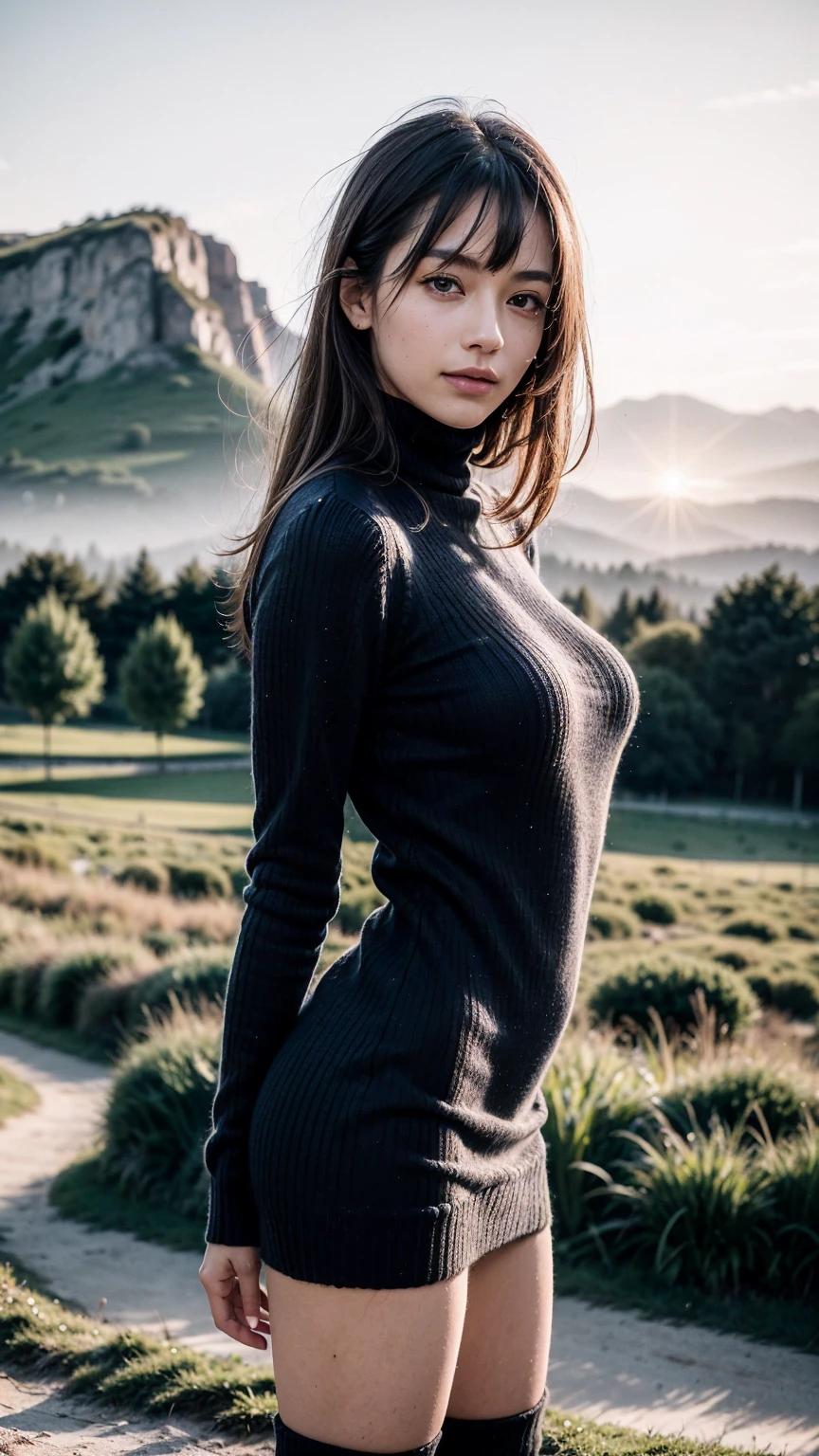 ((Master piece)), ((best quality)), (high quality), ultra highres, (high detail), ((detail intricated)), agirl, solo girl, best lighting, side lighting, natural lighting, High Dynamic Range, beautiful and aesthetic, (perfect body), ((narrow waist, wide hips)), sexy smile, looking to the viewer, detailed face, shiny skin, oiled skin, Adult girl, agirl, mature, huge breast, (big breast), nice ass, sexy body, the best anatomy, ((blonde, blonde long straight hair with bangs)), (blue eyes), ((mini sweater dress, blue sweater dress Turtleneck Mini sweater dress, long sleeve mini sweater dress, chover chest sweater dress)), standing, seductive, little smile, sexy smile, realistic lighting, outdoor, afternoon, ((meadow full of flowers)), ((beautiful landscape, views of the sky and mountains, red sky in the afternoon, realistic background)), detail face, the best background, ((detail background)), ((background realistic)), 8K, the best resolution, high resolution, the best image, the best picture, detail face, detail hands, (detail arms), ((detail anatomy)), the best anatomy, perfect anatomy, (detail finger), detail fingers, detail nails, detail body, detail legs, the best proportion face, the best arms, (((from front))), the best proportion hands, the best fingers, the best nails, detail foot, perfect nails, detail nails, the best navel, the best model, Increase quality, detail all proportion, detail intricate, the best proportion pose, the best proportion arms, the best proportion fingers, the best proportrion nails, fingers realistic, nail realistic, arms realistic, legs realistic, detail anatomy, looks at the viewer, photorealistic, photograpy, ultra detailed, 8K, perfect all proportion, sexy pose, absurd resolution, HDR, fix , cinematic film, upscale, HIRES-Fix,