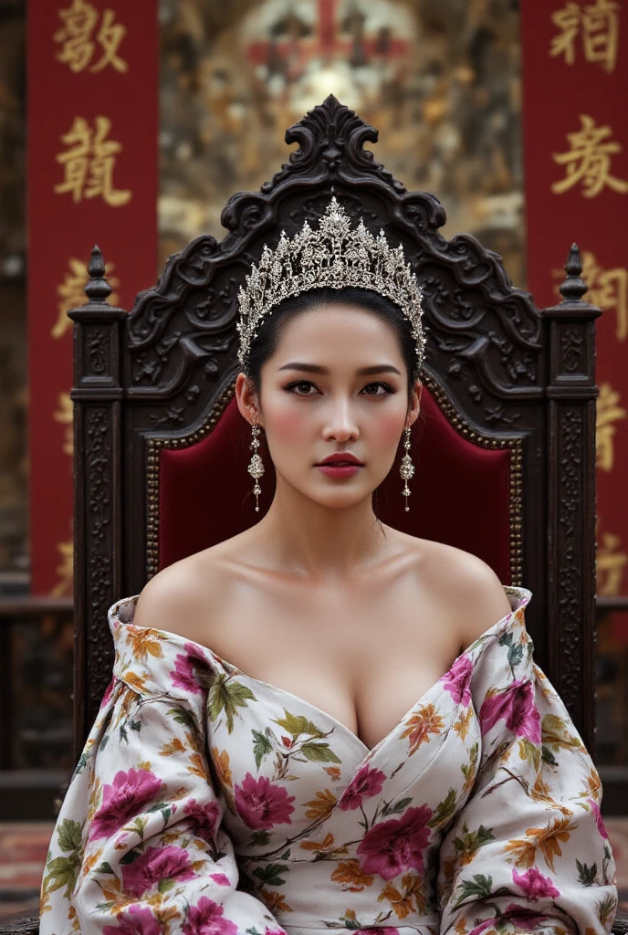 High Resolution, High Quality, High Detail, Masterpiece, Top Quality , 2060s Asianized Asian British empress ,  (( thin eyes )) , (((( dark skin )))) ,58yo , ,(((top less empress KIMONO )))   , ( saggy huge  ) , ((( lip filler )))  , (( puffy  )) , ((empress crown )) , (((( at holy sites , gothic church )))) ,  (((( She is sitting on the throne. )))) ,((((( 
The background is a union jack frag  )))))　,　China calligraphy