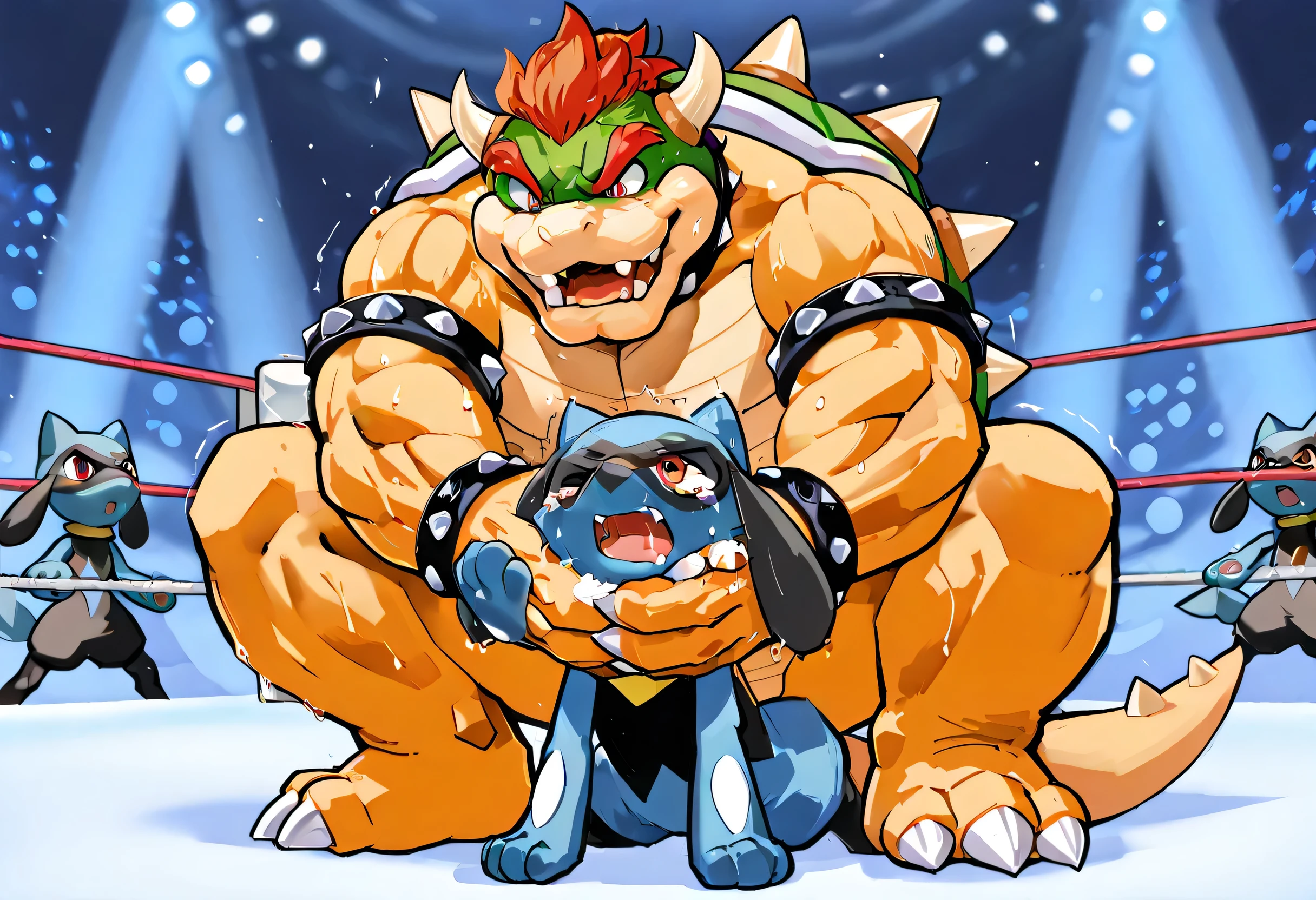 4k ultra quality, 4k full body view,masterpiece quality, giant bowser camel clutch to small riolu, wrestling, [riolu:on stomach, throw his head backward, open his arms wide, very small build, young,open mouth, close his eyes, tears in his eyes], [bowser:squatting on riolu's back, camel clutch, giant bulky fat, massive strong large body, thick arms, arms choking around riolu's head, riolu's neck, evil grin, sweaty], size difference, The camel clutch was decided from behind by the riolu, seeing from below, wrestling background