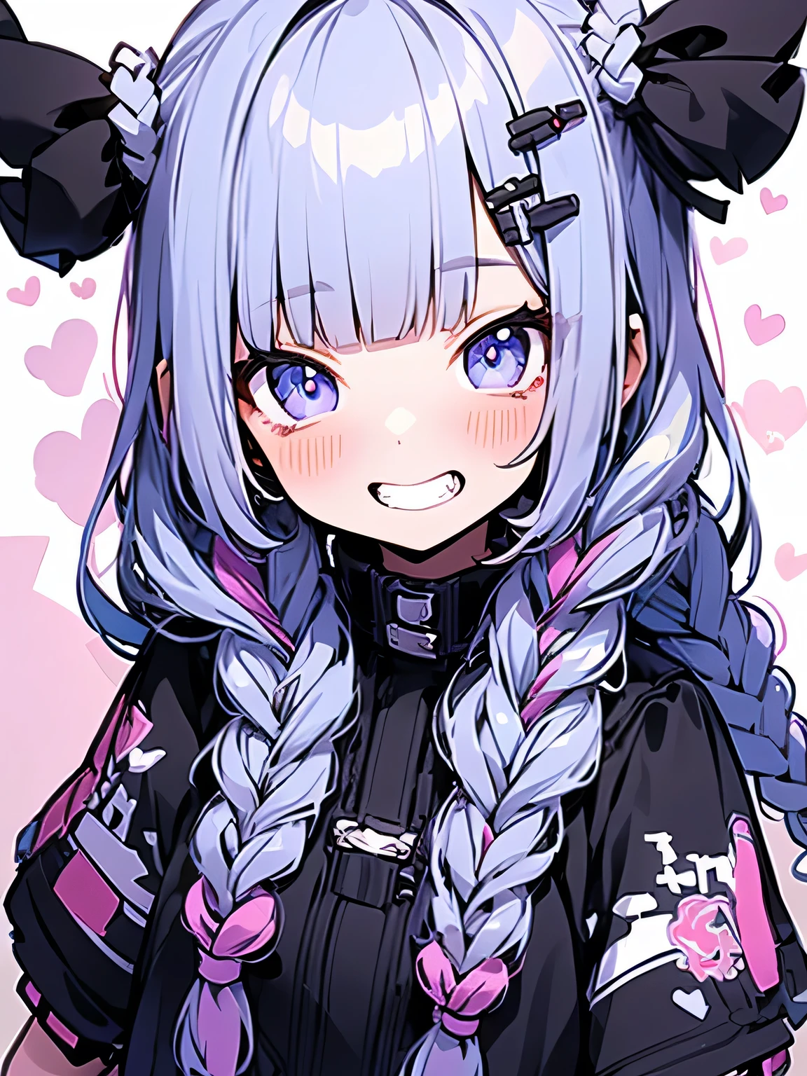 solo,upperbody,purple 2braids,blunt bangs,16years old, girl costume,grin,ウェイトレス,パフェ,model pose:1.3, image back ground,(manga style),(sketch),( illustration),(masterpiece),(best quality),