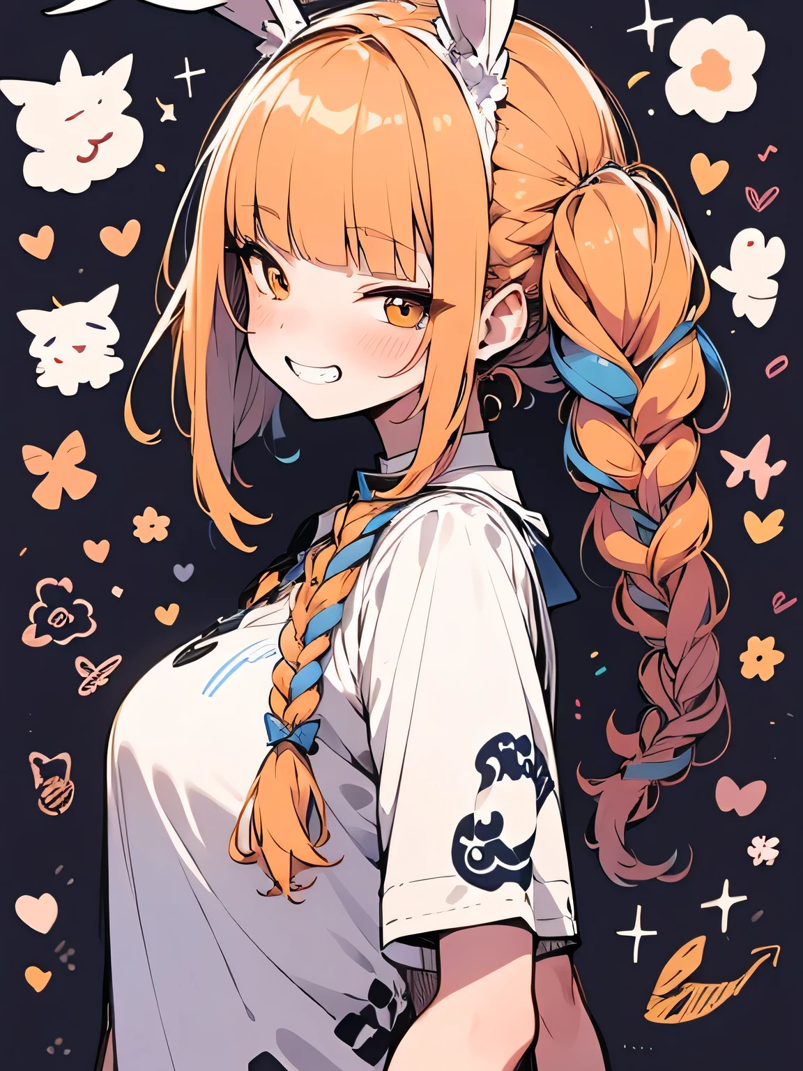 sideview,(looking at viewer),solo,upperbody,orange 2braids,blunt bangs, old,sexy bunny girl costume,grin,ウェイトレス,パフェ,model pose:1.3,sexy image back ground,(manga style),(sketch),( illustration),(masterpiece),(best quality),