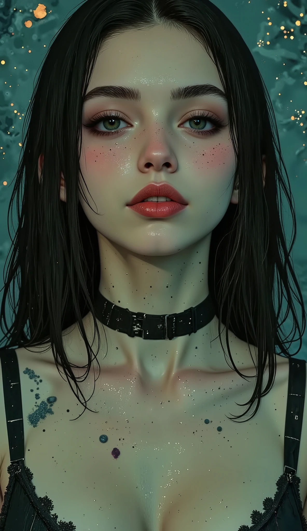 ((( Plan Gran General Camara Lejana :1.51) the dark and wet hair of a beautiful young woman Do drops of hair shine through the water When wet they fall down his face, humidity, the makeup runs through the eyeliner that goes down her cheeks , red lips with drops of water :1.5)), In a body of water . partially submerged in water you can see her knees , she is focused from above with the camera , look sensually at her mouth half-open , squinting eyes like Marilyn Monroe , the cyan water with waves due to the movement :1.4, cyberpunk art inspired by Yanjun Cheng , trends in CGSociety, Conceptual art, artwork in the style of guweiz, guweiz, Guweiz on Pixiv ArtStation , guweiz on artstation pixiv, Yanjun Chengt, electronic girl , E - Chica, Cyberpunk streetwear, ( best quality,4k,8K,alta resolución, masterpiece:1.2), ultra Detailed , sharp focus ,(realistic,photorealistic,photo-realistic:1.37), very detailed face , extremely detailed facial features ,hyper realistic skin texture, Extremely fine details , intricate details, detailed eyes, Detailed nose , detailed lips, detailed facial expressions ,Intricate facial anatomy, intense lighting, dramatic lighting, changing lighting , cinematographic lighting ,Chiaroscuro, dramatic shadows ,dramatic moments, bright colors ,intense colors,Deep contrast, cinematic depth of field , cinematographic composition , movie camera angle