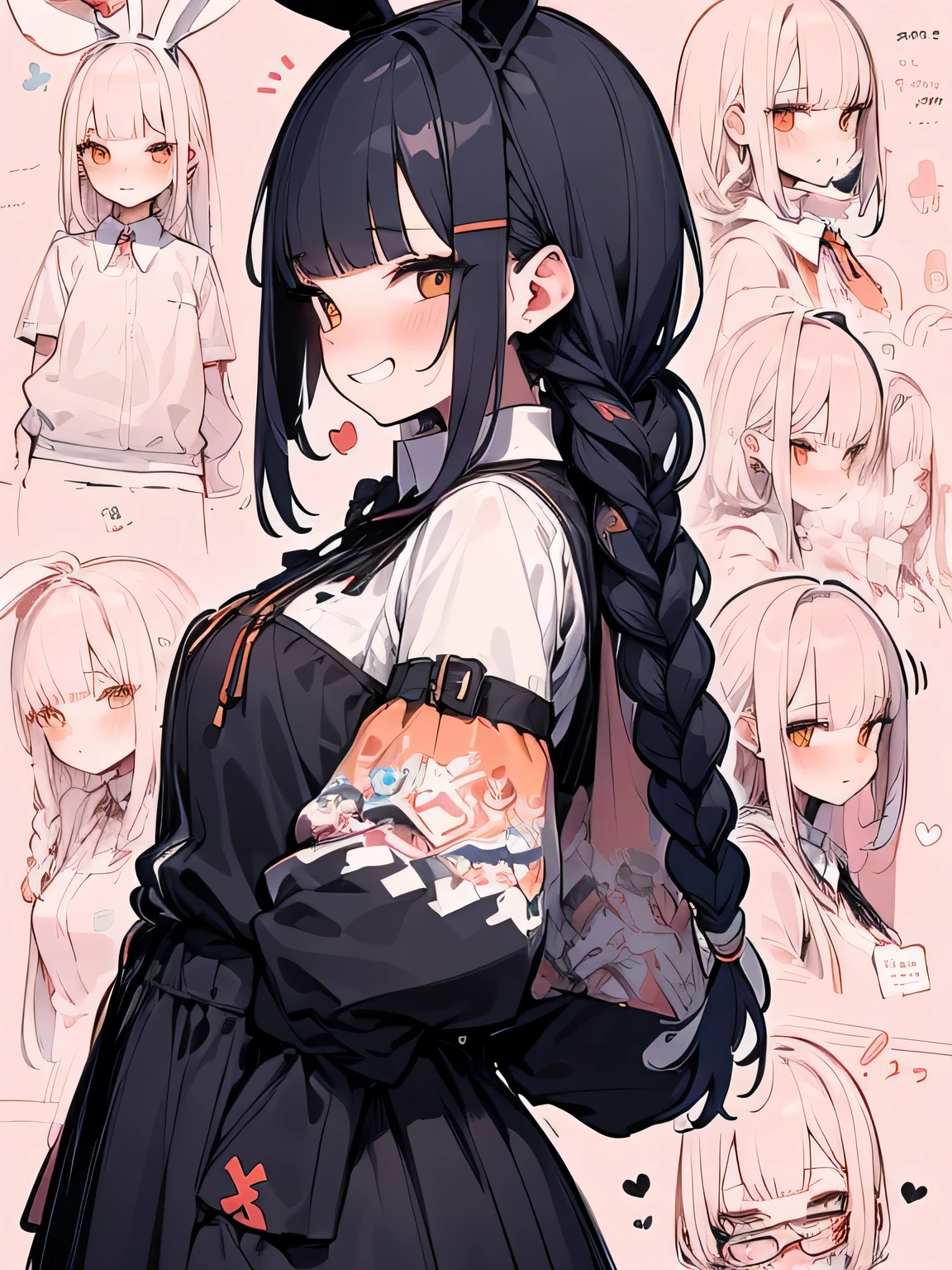 sideview,(looking at viewer),solo,upperbody,orange 2braids,blunt bangs, old,sexy bunny girl costume,grin,ウェイトレス,パフェ,model pose:1.3,sexy image back ground,(manga style),(sketch),( illustration),(masterpiece),(best quality),