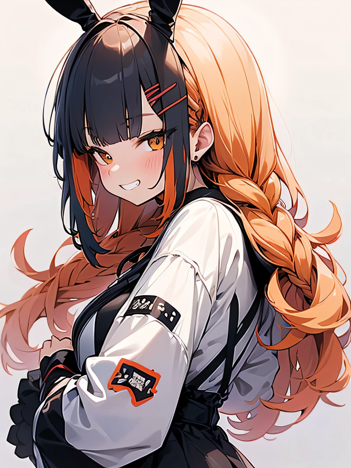 sideview,(looking at viewer),solo,upperbody,orange 2braids,blunt bangs, old,sexy bunny girl costume,grin,ウェイトレス,パフェ,model pose:1.3,sexy image back ground,(manga style),(sketch),( illustration),(masterpiece),(best quality),