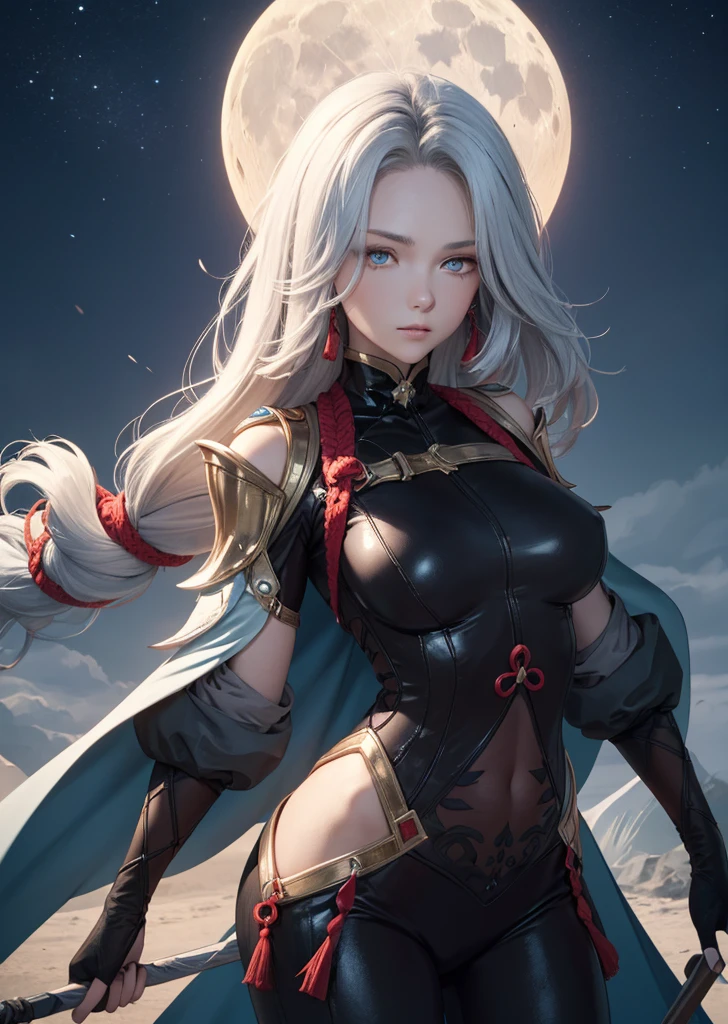 anime, white hair, long hair, floating hair, woman, large breasts:0.8, sword, witch:0.5, horns, succubus, demon girl, pointy ears, dark elf, smile, dark clothes, short dress, tight clothing, castle, burning castle, blue sky, stars, wallpaper, detailed, purple eyes, landscape, fantasy, blue moon, energy, blue