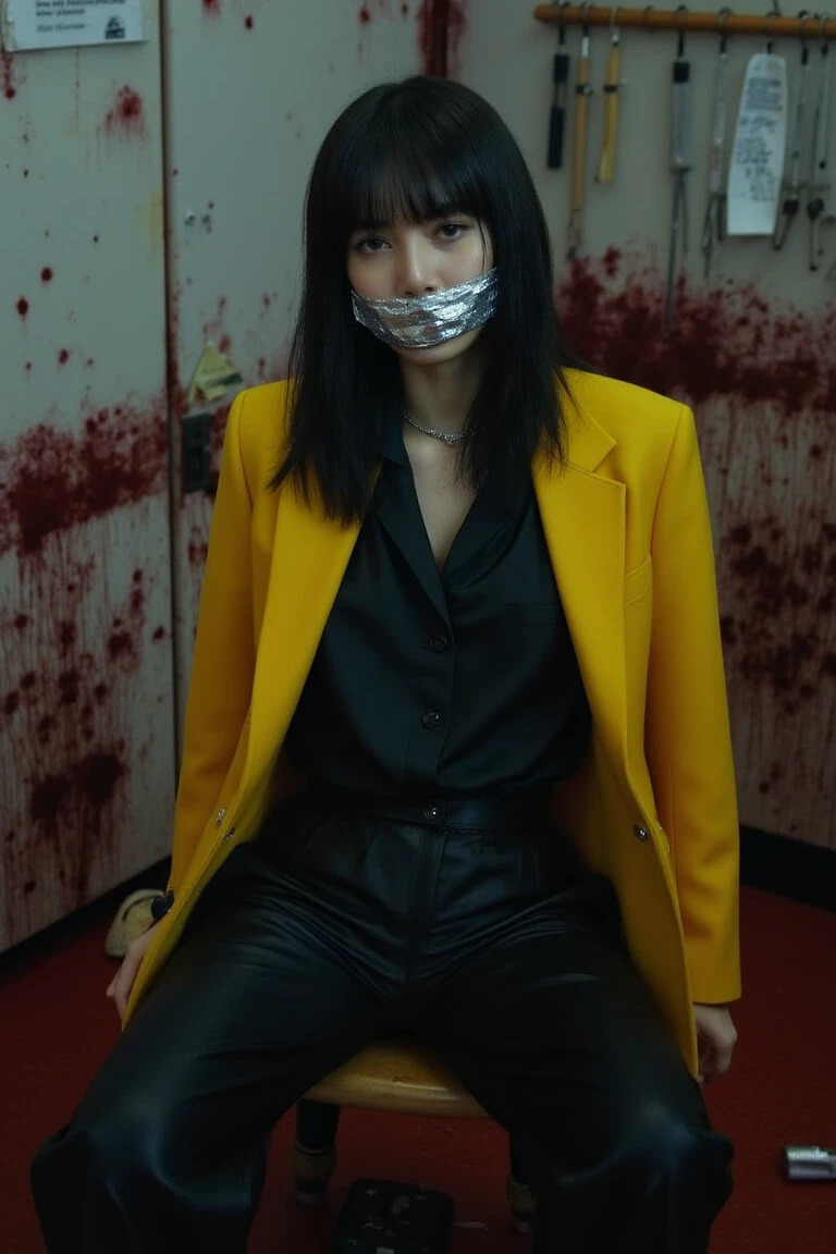 korean girl, (behind corpse, surgical mask), blood splatter, holding knife, stabbing, leather gloves, room full of blood, transparent raincoat, trucker hat, holding knife, leather gloves, behind corpse, very long hair, night, mass murderer, robbery, in the hotel,
