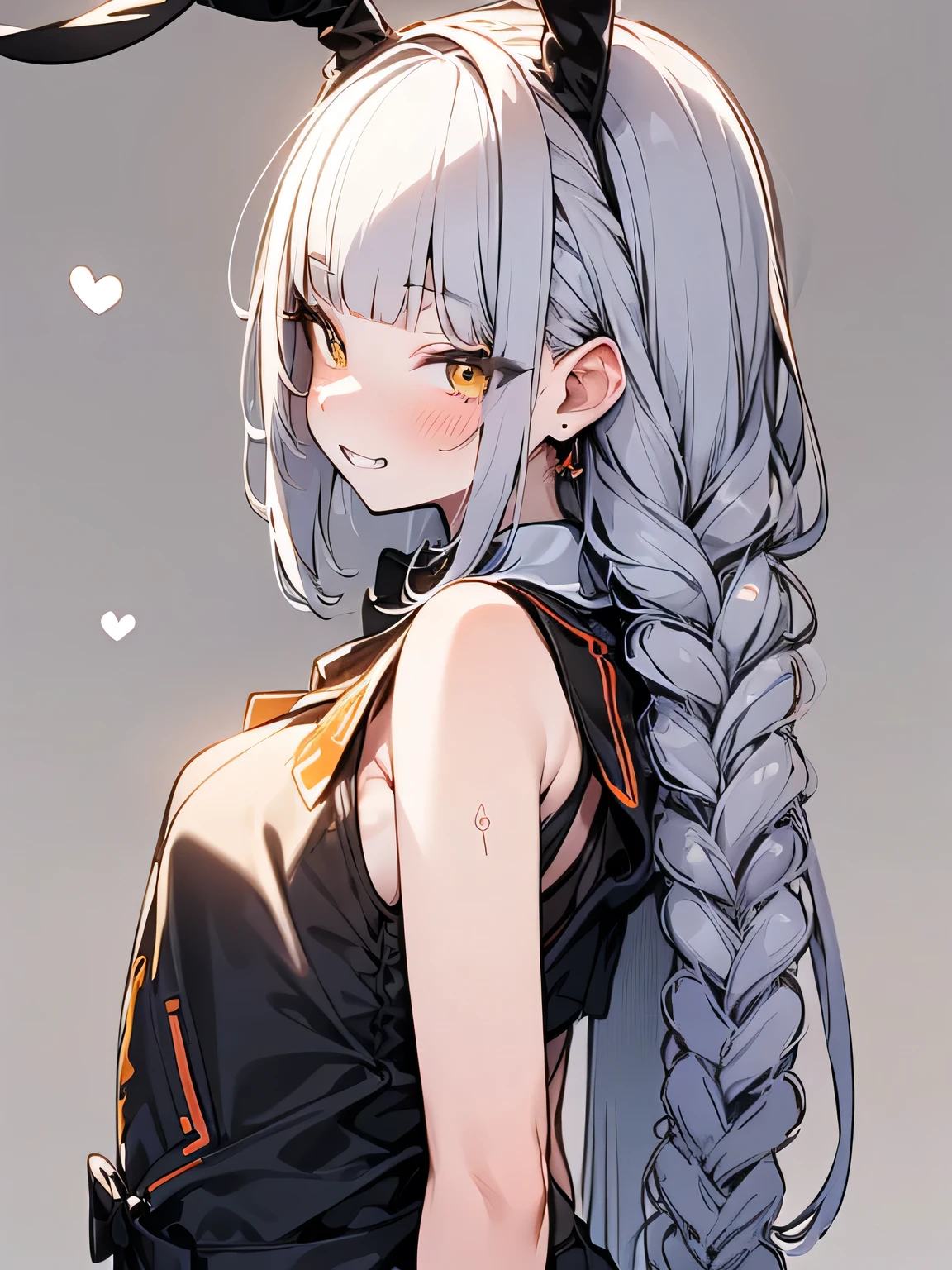 sideview,(looking at viewer),solo,upperbody,orange 2braids,blunt bangs, old,sexy bunny girl costume,grin,ウェイトレス,パフェ,model pose:1.3,sexy image back ground,(manga style),(sketch),( illustration),(masterpiece),(best quality),