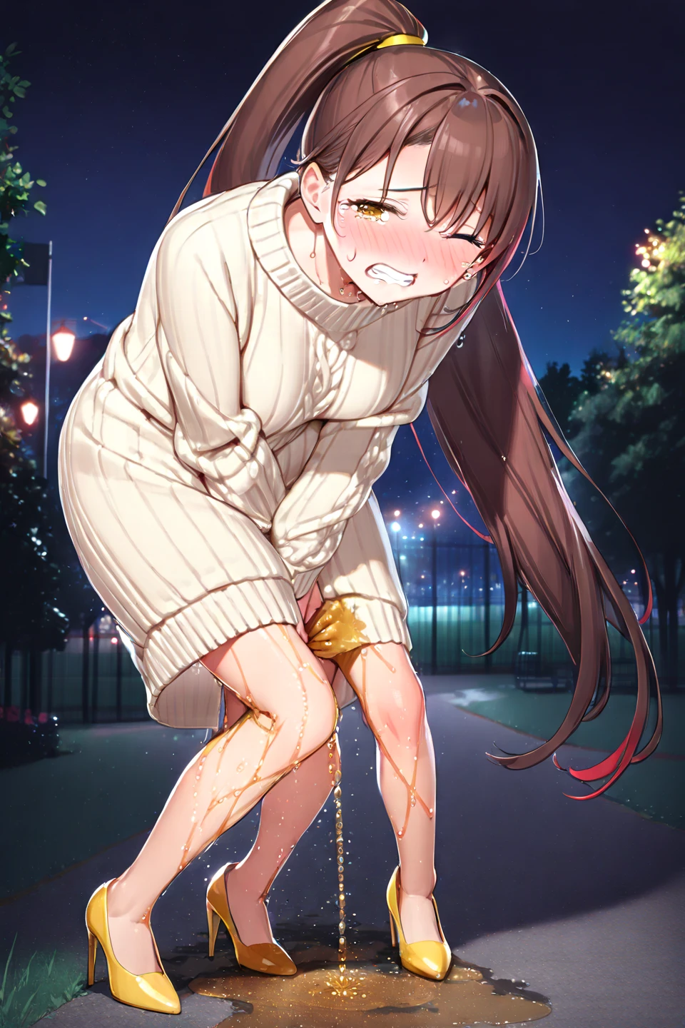 NSFW, (masterpiece, top quality, best quality, highly detailed:1.6), extremely detailed CG unity 8k wallpaper, (full body), wide shot, long shot, (leaning forward,close knees, touching crotch, pee running down legs:2.5), (((standing))), (((clutching crotch))), strong facial expression, (sharp eye:1.2), (scowl:1.1), (embarrassed, blush:1.3), (steam:1.9), (wet:1.2), (sweat:1.1), (trembling:1.3), (open mouth, wavy mouth:1.4), (clenched teeth:1.7), (closed eyes:1.5), (feeling weak:1.5), (shoot from front, looking at viewer:1.2), (light blue denim, toreador pants:1.5), (at midnight), night, park, woman, outdoor, (T-shirt, sandals:1.5), (long hair, dark brown hair, ponytail:1.5), (long hair, ponytail, dark brown hair:1.5), (woman trembling with sexual climax:1.5), (Be incontinent:1.5), colorful, perfect composition, urination, incontinence, piss, peeing self, (((pee stream))), (pee puddle), wetting herself, pee stain, large breasts, Yellow pee, ((leaking pee)), puddle of pee, Pee at your pants, Pee spread on the floor, Pee stains, Dripping pee between my legs, Feet wet from pee, Pee-covered pants, Pee at your pants, want to pee, about to pee, Full bladder, Pee-soaked pants, Pee-soaked sandals, natural makeup,