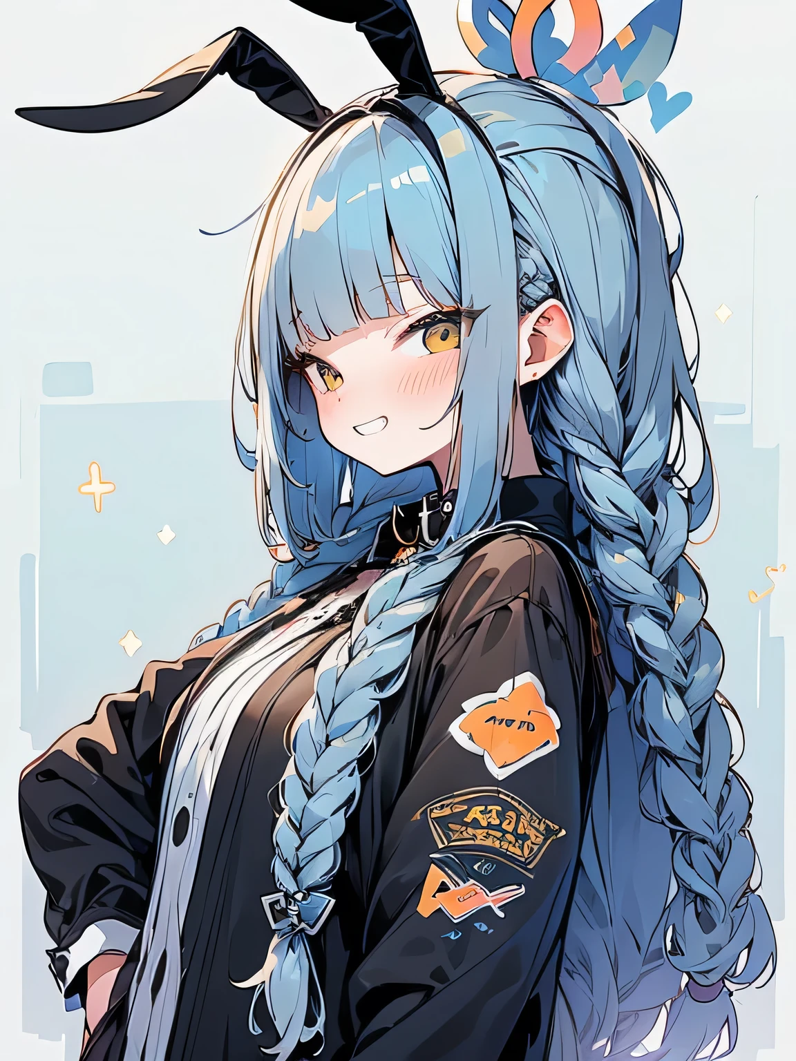sideview,(looking at viewer),solo,upperbody,orange 2braids,blunt bangs, old,sexy bunny girl costume,grin,ウェイトレス,パフェ,model pose:1.3,sexy image back ground,(manga style),(sketch),( illustration),(masterpiece),(best quality),