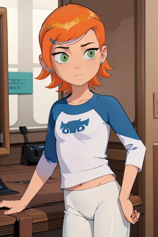 solo, <lora:Gwen:0.7> gwen, hairclip, blue shirt, raglan sleeves, white pants, <lora:kuroboshi_kouhaku_style_v01:1>, ultra detailed, masterpiece, best quality, aesthetic, detailed,