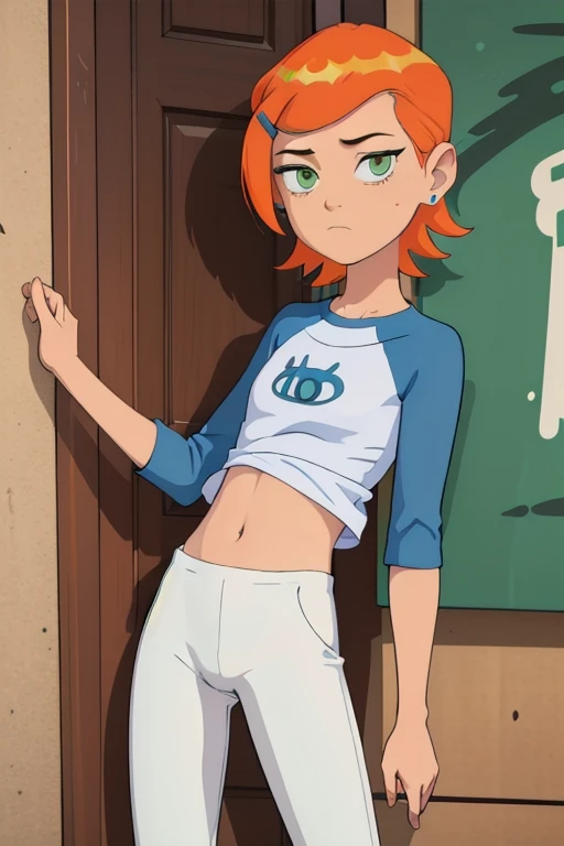 (Obra maestra, Mejor calidad), 1 chica, claasicgwen,solo,pelo naranja,cabello corto,Ojos verdes ,camisa azul,raglan sleeves,mangas largas,pantalones blancos, hentai, sex