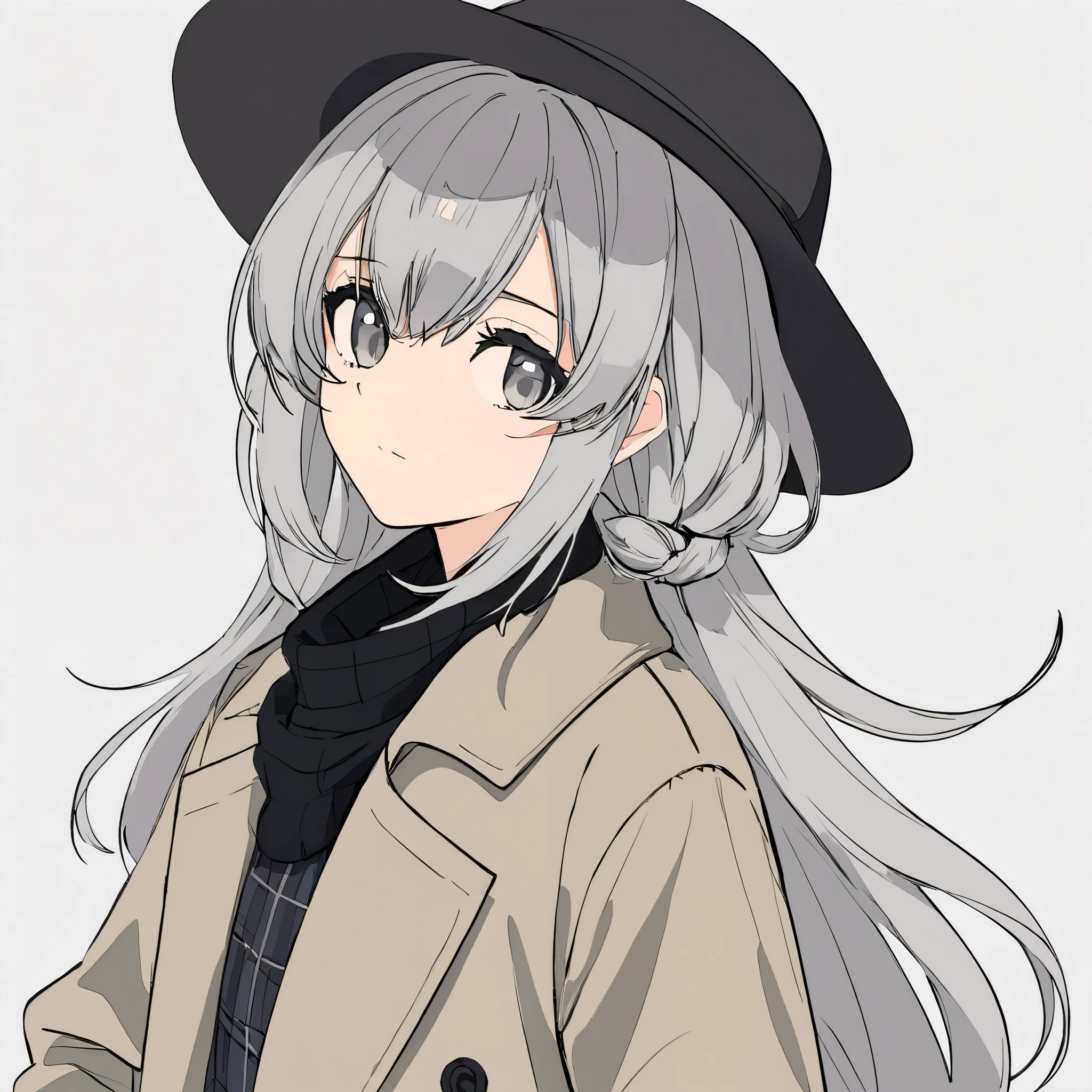 masterpiece, Best Quality ,ung girl , alone, (纯白background1::5),Drawing style,Half body , is blank and takes up a large area,A girl,Gray shoulder-length hair,Short braids, grey eyes , long grey hair ,Flat-coated style,Western European style,Flat-coated style,exist_ Viewer , simple _background, white _background, gray plaid trench coat , black scarf,black square hat ,sunglasses,((sunglasses)),A firm look,Flip hair,Young,cute