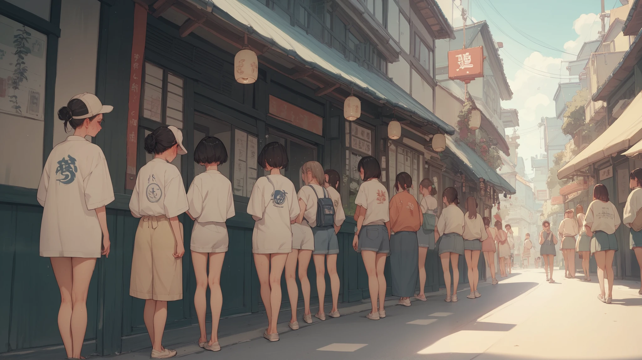6+girls, sweaty bodies, vulgar embarrassed faces, bright daylight, Japanese tourist spot, rear view