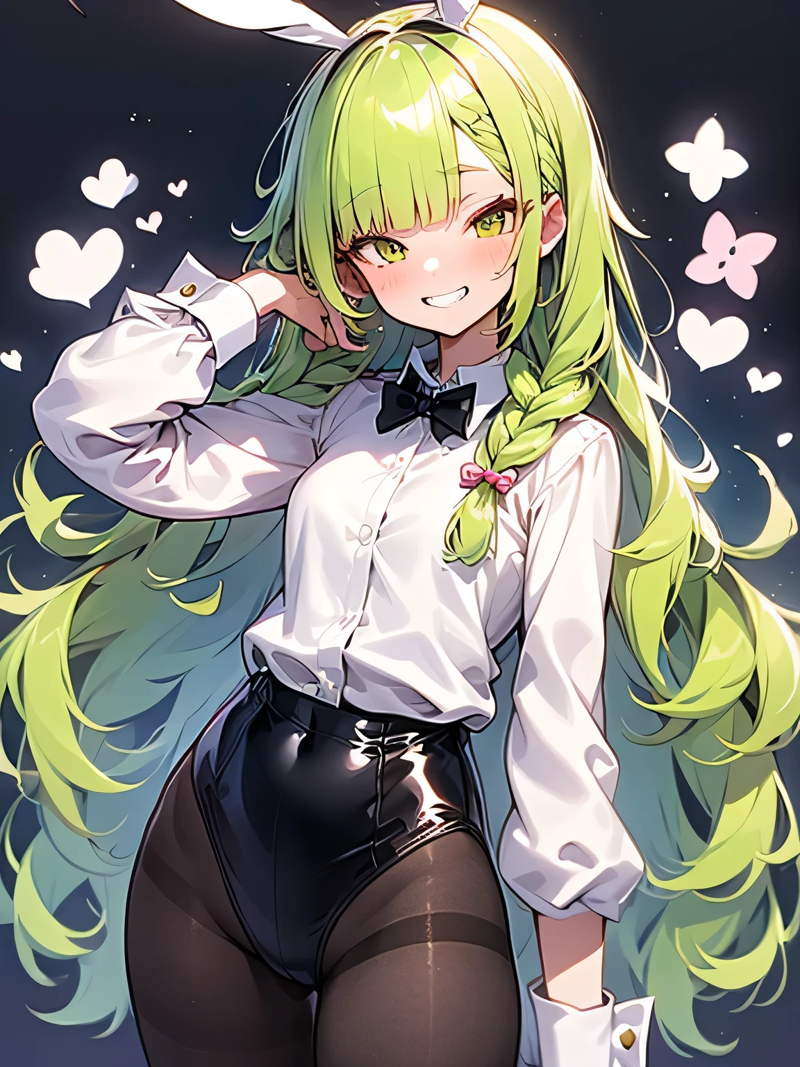 (looking at viewer),solo,upperbody,orange 2braids,blunt bangs,ars old, bbunnysuit, pantyhose, fake bunny ears, wrist cuffs, bowtie,grin,ウェイトレス,パフェ,model pose:1.3,sexy image back ground,(manga style),(sketch),( illustration),(masterpiece),(best quality),