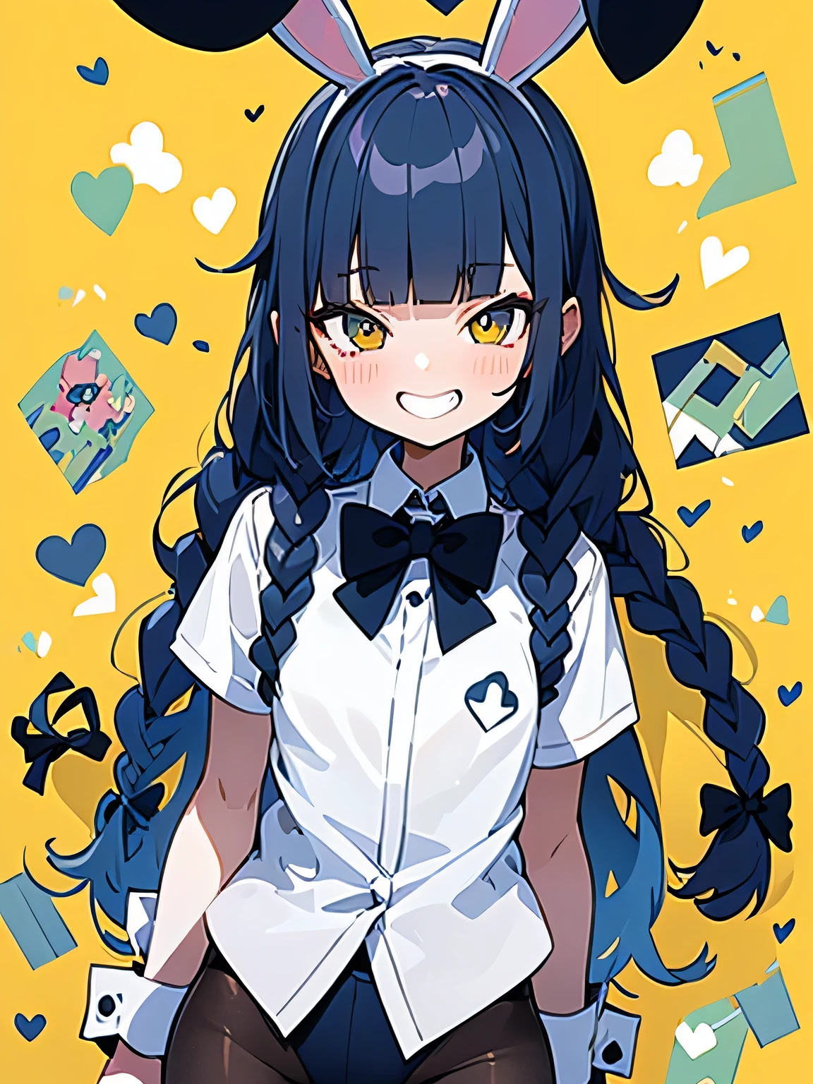 (looking at viewer),solo,upperbody,orange 2braids,blunt bangs,ars old, bbunnysuit, pantyhose, fake bunny ears, wrist cuffs, bowtie,grin,ウェイトレス,パフェ,model pose:1.3,sexy image back ground,(manga style),(sketch),( illustration),(masterpiece),(best quality),