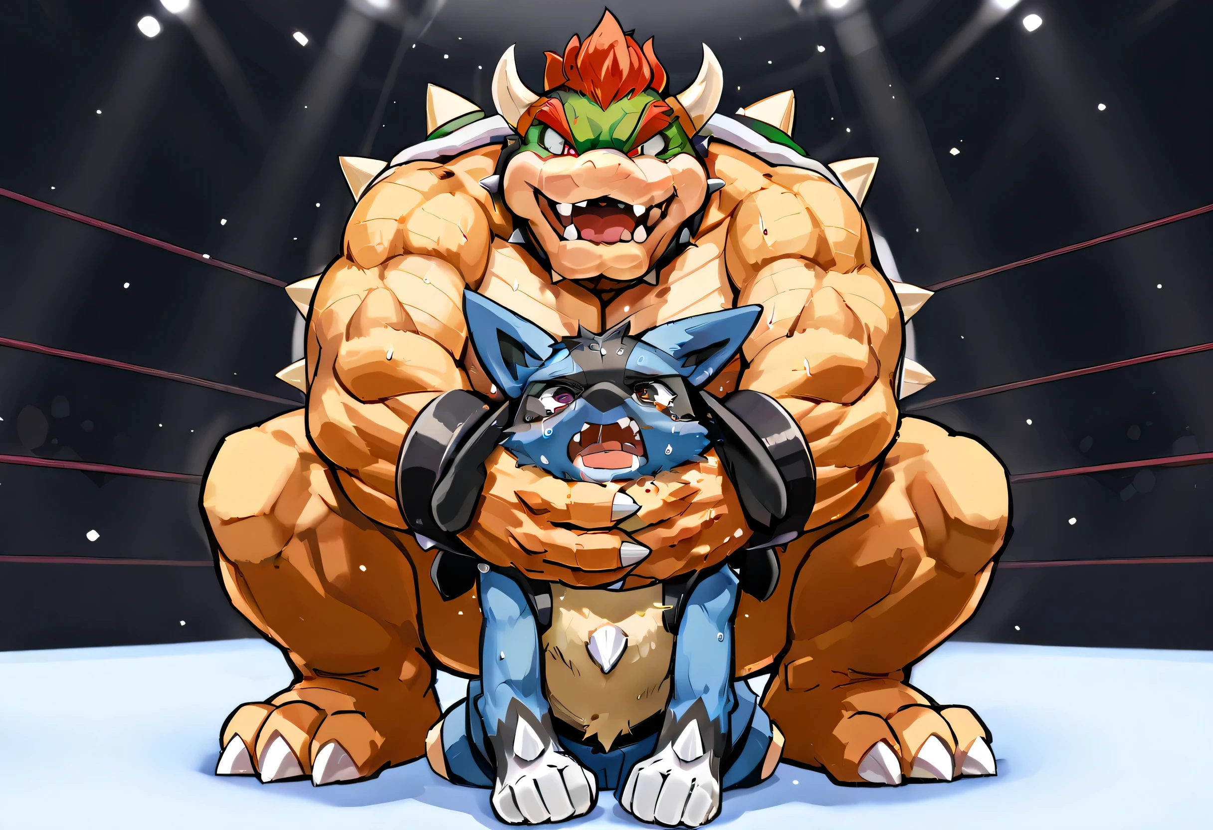 4k ultra quality, 4k full body view,masterpiece quality, giant bowser camel clutch to small lucario, wrestling, [lucario:on stomach, throw his head backward, open his arms wide, very small build, young,open mouth, close eyes, tears in his eyes], [bowser:squatting on lucario's back, camel clutch, giant bulky fat, massive strong large body, thick arms, arms choking around lucario's head, evil grin, sweaty], size difference, The camel clutch was decided from behind by the lucario, seeing from below, wrestling background