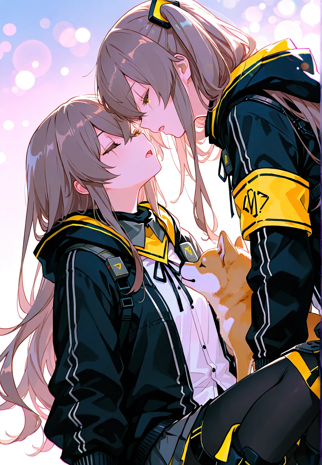 (mother and daughter, age_difference,size_difference), listening to the heartbeat , hugging each other,(Cum on body), embarrassed,blush,tears in eyes, sweat, , masterpiece, best quality, very aesthetic, absurdres, ,d.va(overwatch),mature mother and cute son, headphones,long_hair, brown_hair, facial_mark,whisker_markings, bodysuit, pilot_suit, white_gloves,,beside window,luminous butterflies, fluttering butterflies,