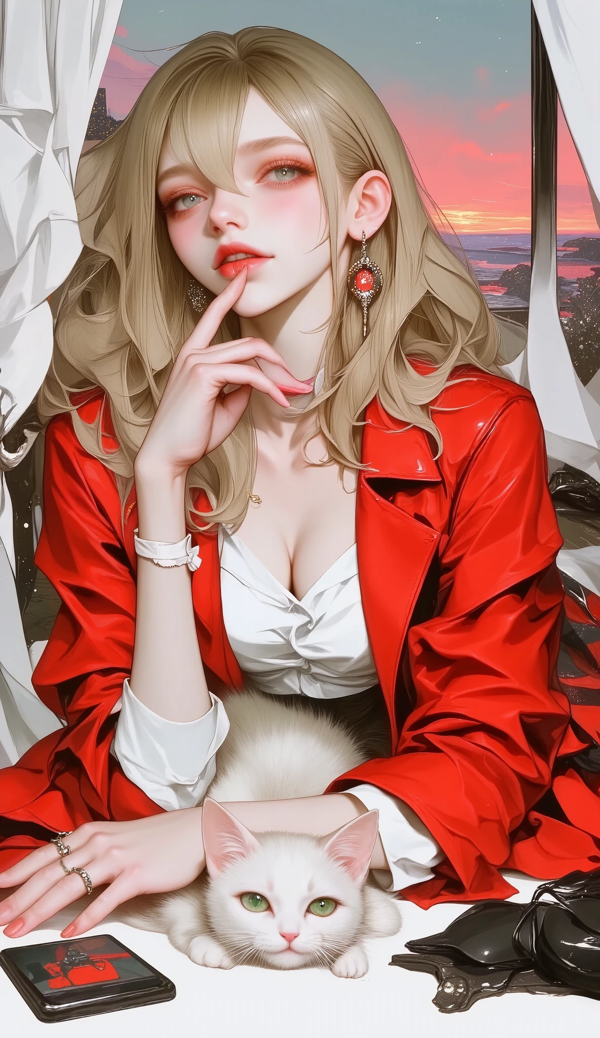Anime girl lying down on the floor holding his face with both hands on the side of his chin, her long wavy blond hair falls on her shoulders , she is wearing red lips with glitter , long false eyelashes , blinked with glitter , she wears a red leather jacket , A plaid miniskirt , red and black , has her feet crossed , on the floor is her cell phone , a magazine she is reading , keys to her car , behind a large window with a beautiful landscape , white curtains that move with the breeze , a white cat peeking out her head Between her arms , she looks at the camera sensually and a complicit and sensual smile , with a cell phone in her hand , artwork in the style of Guweiz , anime vibes, Alice X. Zhang, ilya Kuvshinov with long hair , artistic style loish , guweiz, anime aesthetics, inspired by Yanjun Cheng, cyberpunk anime, disturbing art style , digital anime illustration , loish y ross tran