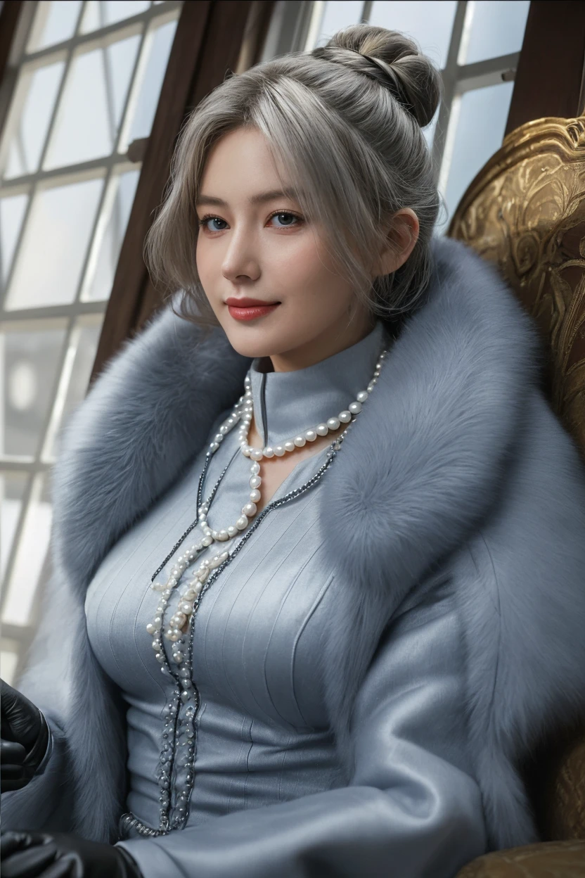 Beautiful queen wearing blue dress and huge white fur coat