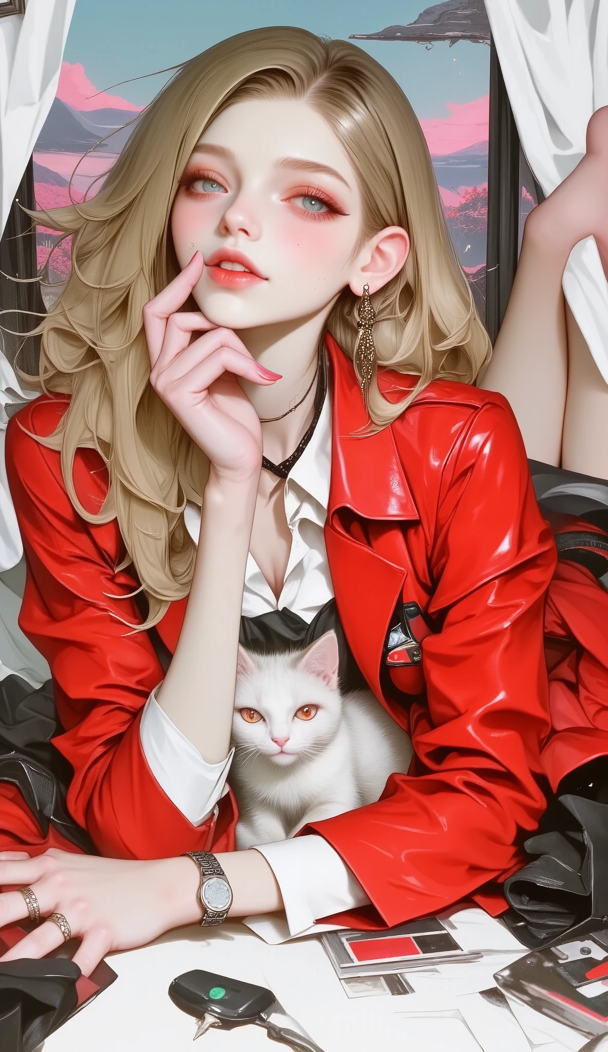  Anime girl lying down on the floor holding his face with both hands on the side of his chin,  her long wavy blond hair falls on her shoulders ,  she is wearing red lips with glitter ,  long false eyelashes ,  blinked with glitter ,  she wears a red leather jacket , A plaid miniskirt , red and black ,  has her feet crossed ,  on the floor is her cell phone ,  a magazine she is reading , keys to her car ,  behind a large window with a beautiful landscape ,  white curtains that move with the breeze ,  a white cat peeking out her head Between her arms ,  she looks at the camera sensually and a complicit and sensual smile ,  with a cell phone in her hand ,  artwork in the style of Guweiz , anime vibes, Alice X. Zhang,  ilya Kuvshinov with long hair ,  artistic style loish , guweiz, anime aesthetics, inspired by Yanjun Cheng, cyberpunk anime,  disturbing art style ,  digital anime illustration , loish y ross tran