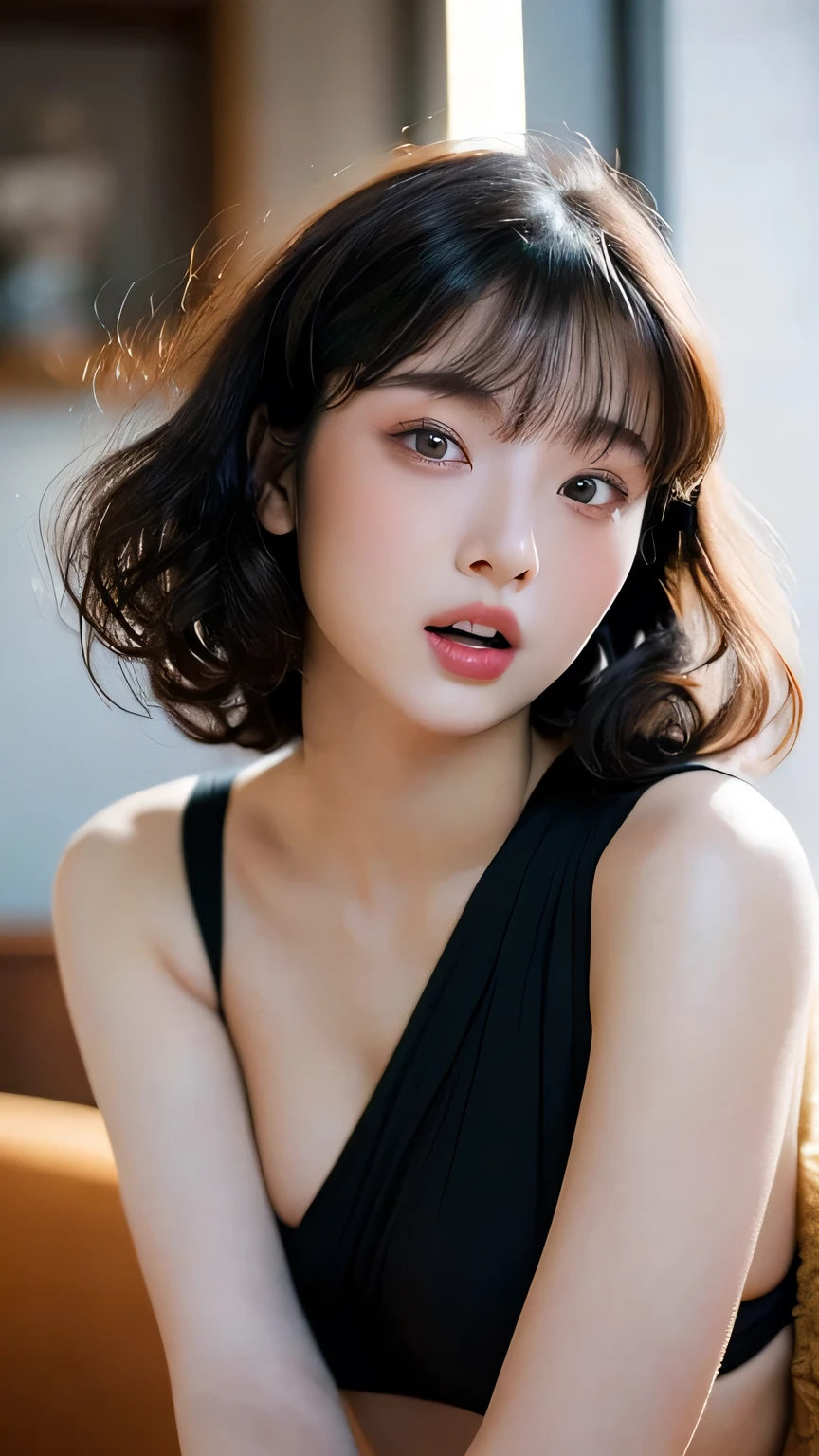 Bird’s Eye View,(highest quality, Very detailed, masterpiece:1.2), 1 female, very thin body, Long, Slender legs, ((Black wavy Short Hair:1.2)), ((Thick and fluffy bangs)), Very detailedな顔,faint smile, Small, thin nose, small thin mouth, Extremely sharply focused eyes, Japanese, Beautiful Face, Realistic eyes, Beautiful and beautiful eyes, Realistic Skin, Beautiful Skin, charm, (A vivid face), Beautiful Hairstyles, Gothic design bikini, Creepy and unique hairstyles, high resolution, Vibrant color palette, Amazing place,,background,