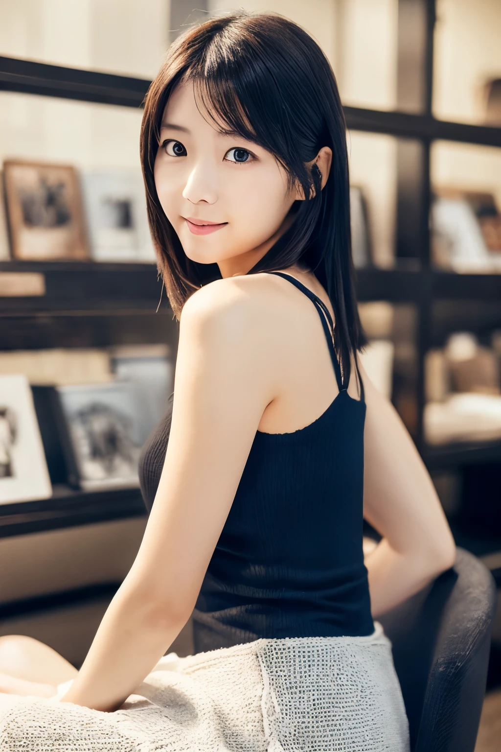 One girl, Short Bob Hair,Put your hair on your ears,Black Hair,smile, summer, room,Bed,6th grade elementary school,front,Dark blue tank top,skirt,Down to the feet,Pure,Class representative type,transparent, (masterpiece, Highest quality), Soft Light, Structure of the film, Like in the movies