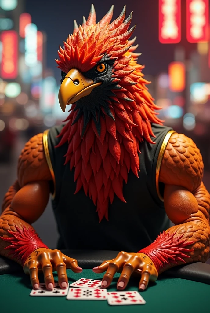 naughty man,rooster head and man body, wearing yellow sweatshirt. Bright feathers, muscled body, shy smile, scratching on the floor. 