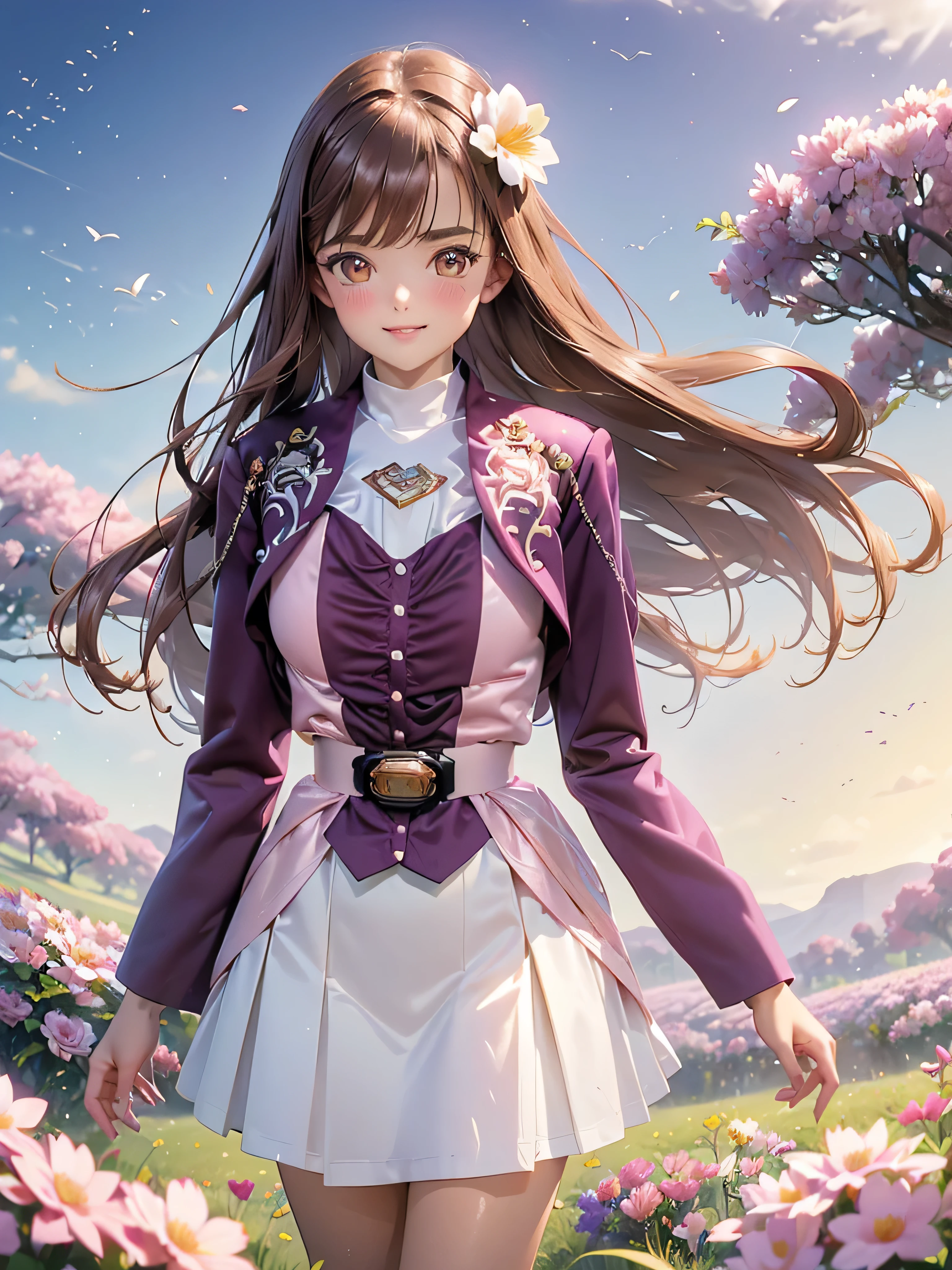 (High-definition CG), ( top quality),(( frontal view)),((Flower Field)), one woman, Perfect face, crying,  shiny skin ,  wide hips,  thin waist,  purple bolero jacket ,, Long Sleeve, (( white skirt )), pink belt , (( brown hair)), ((Straight Hair)), ((Composition showing the part above the knee where the eyebrows are bent in the shape of a C )), smiling ,(( standing picture)),