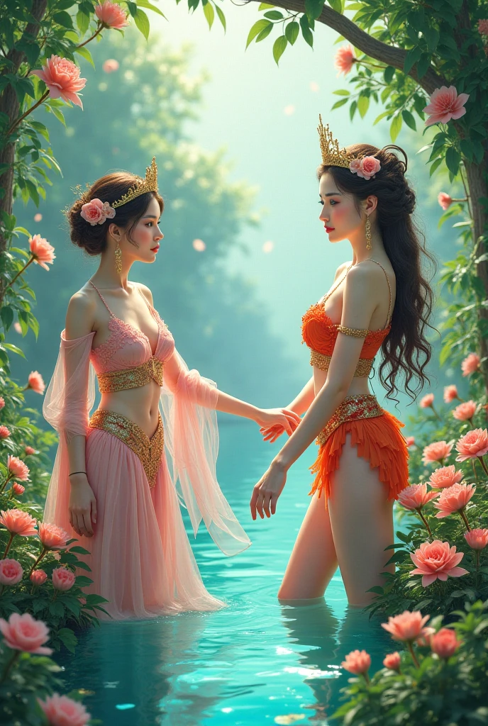 ((a painting of two women with long wavy hair)), ((two twin sister girls)), t-shirt with plumeria design, digital art inspired by Cyril Rolando, trends in cg society, digital art fantasy, art colorful digital fantasy, wonderful digital art, beautiful uhd 4k art, exquisite digital illustration, MASTERPIECE, full body photo, black and brown hair, long afro style hair, real water, bathing in a river pond, extremely detailed art, blushing, water running down the body, small breasts, open legs, sexual arousal, sexual expression, glowing skin, intricate, elegant and highly detailed digital photography, majestic and surreal painting, beautiful finely detailed eyes: 1.2), hdr, (masterpiece ), best quality, expressive eyes looking out of the corner of the eye, perfect face, portrait of two beautiful goddesses with afro hair, long hair in braids and afro, Latin brown skin, intricate, elegant, highly detailed digital photography, (background window detailed to a new dimension, plants and flowers: 0.7) night sky with full moon, highly detailed face and body, cinematic lighting, photorealistic, 1 girl, 18 years old, dark brown eyes, big eyes, pink lips, bald pussy, well lit , beautiful and aesthetic: 1.2), (fractal art: 1.3), colorful and beautiful goddesses emerging from the ocean, full female body, wild waves, big waves, oriental mandala tattoos, transparent dresses merged with the sea, stormy sky, sky at sunset, red storm clouds, ancient temple floating in the sea, ancient floating clock, lamp, lantern, beautiful girl with a slight smile, forest, flowers and roses, vagina visible, no panties, ((goddesses sitting on a pedestal of marble)), front view, magic, Lord of the Rings world, waterfall, mandala and flower tattoos on naked body, toes submerged in water, mostly cloudy sky (highly detailed CG unity 8K wallpaper), exposed, naked breasts, naked body, Chel, a painting of a woman with long, wavy hair.