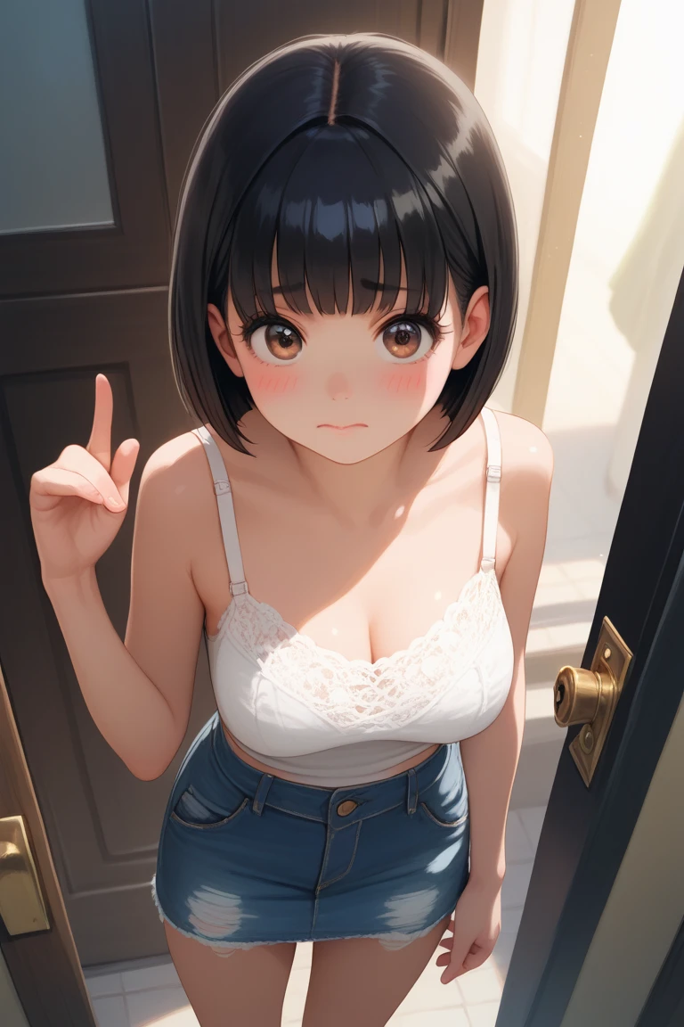 (8K、Highest image quality、highest quality、masterpiece)、detailed face、((one ))、black hair、double bun、gray eyes、evil smile、((grin))、small breasts、((black camisole))、((denim pencil skirt))、((miniskirt))、((white panties pull))、cowboy shot、((bent over:1.3))、Take a photo from above、toilet background