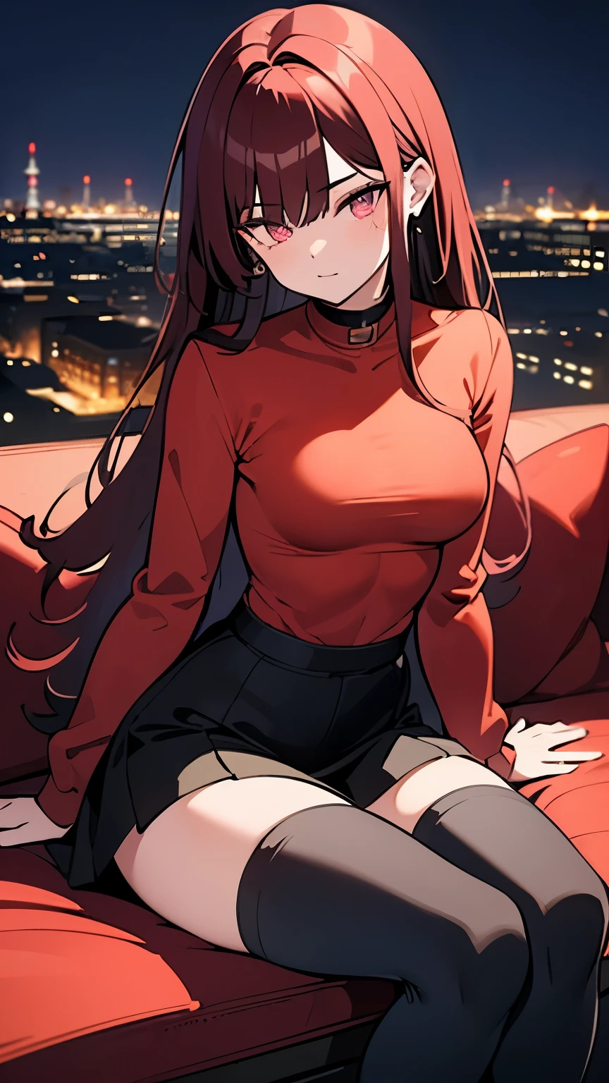 1 girl, (hot girl), (long straight dark red hair), bright pink eyes, (5ft 6 inches tall), (casual long-sleeve shirt and skin-tight skirt with thigh-high socks), (strong abs), (skinny-voluptuous body shape), large round breasts, medium ass, wide legs, (sitting on couch), (city background), (nighttime). (4k quality image), (detailed face), (detailed eyes). (Posing for viewer).