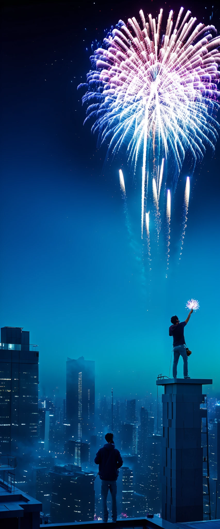 artistic photograph taken by a professional photographer:1.6, awarded by National Geographic :1.7, por la noche, (( a man standing on the roof of a tall building , with your back turned:1.7, Japanese watching fireworks :1.6)), high-quality image : 1.3, realistic appearance , high resolution photograph , 8K, full frame matrix, Deep shadows , ((a character)), ( intricate details, subsurface dispersion, hyperdetailed : 1.15), (hyperrealism, volumetric lighting , clarity: 1.5) , hyperdetailed , vibrant and well-defined lights and shadows )). Darkness at night : 1.6, : 1.3. 32k.