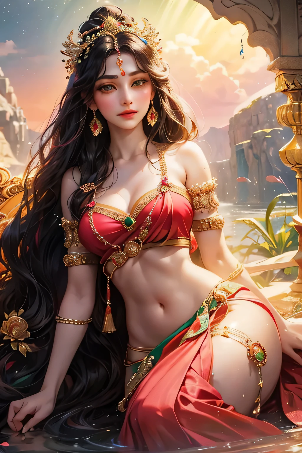 ((Realistic:1.5)),Ulzzang-6500:0.7，((Best quality)), ((Masterpiece)),((Detailed)),2girls,duo,{2 beautiful women}, (Upper body:1.3),Hug and touch each other, Tease your friend's waist, Breathless friends, Biting a friend's earlobe, crouched,super wide shot,Face focus, Long legs,Curvy, Barefoot,Wide hips, Thin legs, Oversized eyes,Long eyelashes, (Detailed face,beautidful eyes, detailedpupils,detailed clothes features, Clear background:1.3), (armlets, bangle:1.3), Mysterious ancient ruins, floresta exuberante, Deep canyon,bridge,River,cliff,Cloud,lakes,Rock music,Waterfalls, Flowers, Grass,grape trees,tree,bright detail,Sharp,Perfect compounding, Intricate, Sharp focus, Dramatic,