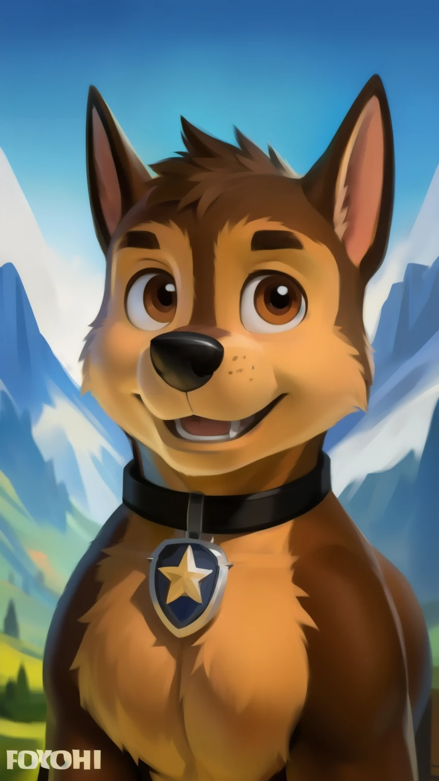 Chase smirks., showing your body to the viewer from the viewer's point of view, detailed fluffy fur texture, impasto impressionism , (by foxovh, Ross Tran, Mikhail Garmash , Pino Daeni, A SPARK), detailed eyes , highly detailed pupils , One, fluffy, antro, chase-pp, domestic dog, male, brown eye , brown wool , light brown body, fur body, detailed fluffy fur texture, curved, 1 boy , muscular, detailed muscles, large and large pectoral muscles