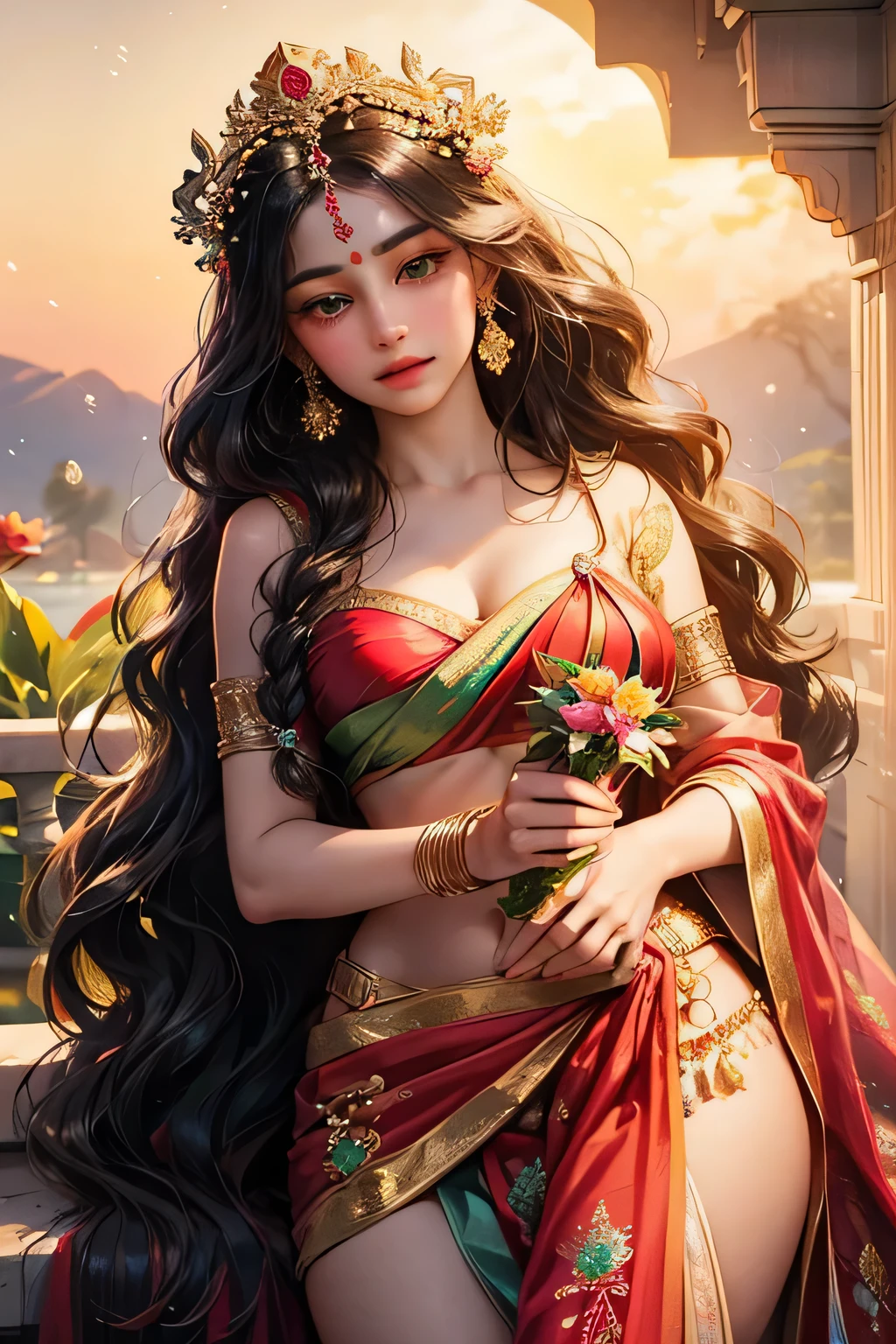 Goddess parvati, animated style, closeup shot, anime in a red and green combination indian dress(saree or lahaenga choli), long black hair wavy hair untied with hair ornaments, innocent expression, bright big blake eyes, holding a flower, natural beauty, vibrant colors, dreamy, northern light, pink bubble, romantic, soft lighting, vintage aesthetic