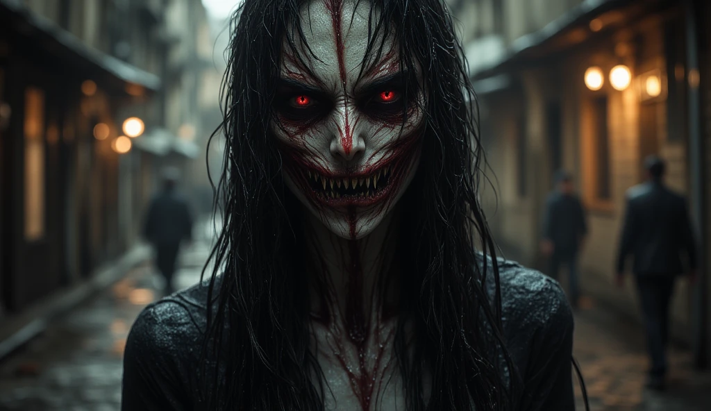 Ultra-detailed, master piece, (best quality:1.5), (high resolution:1.5),  (midnight: 1.5), Edo period, On a black background, a very scary and grotesque-looking woman has a ghostly face with long flowing hair, smiling evilly and scaring people, (Eyes bleary and bloodshot: 1.5), (Old woman: 1.5), skin wrinkled, (Filthy: 1.5), ultra-realistic, cinematic, high detail, youkai, Japan, (Super Scary: 1.5), Japanese Horror, Hyper Realistic, Cinematic, Dark Ambient, Ominous Atmosphere, Realistic, Masterpiece