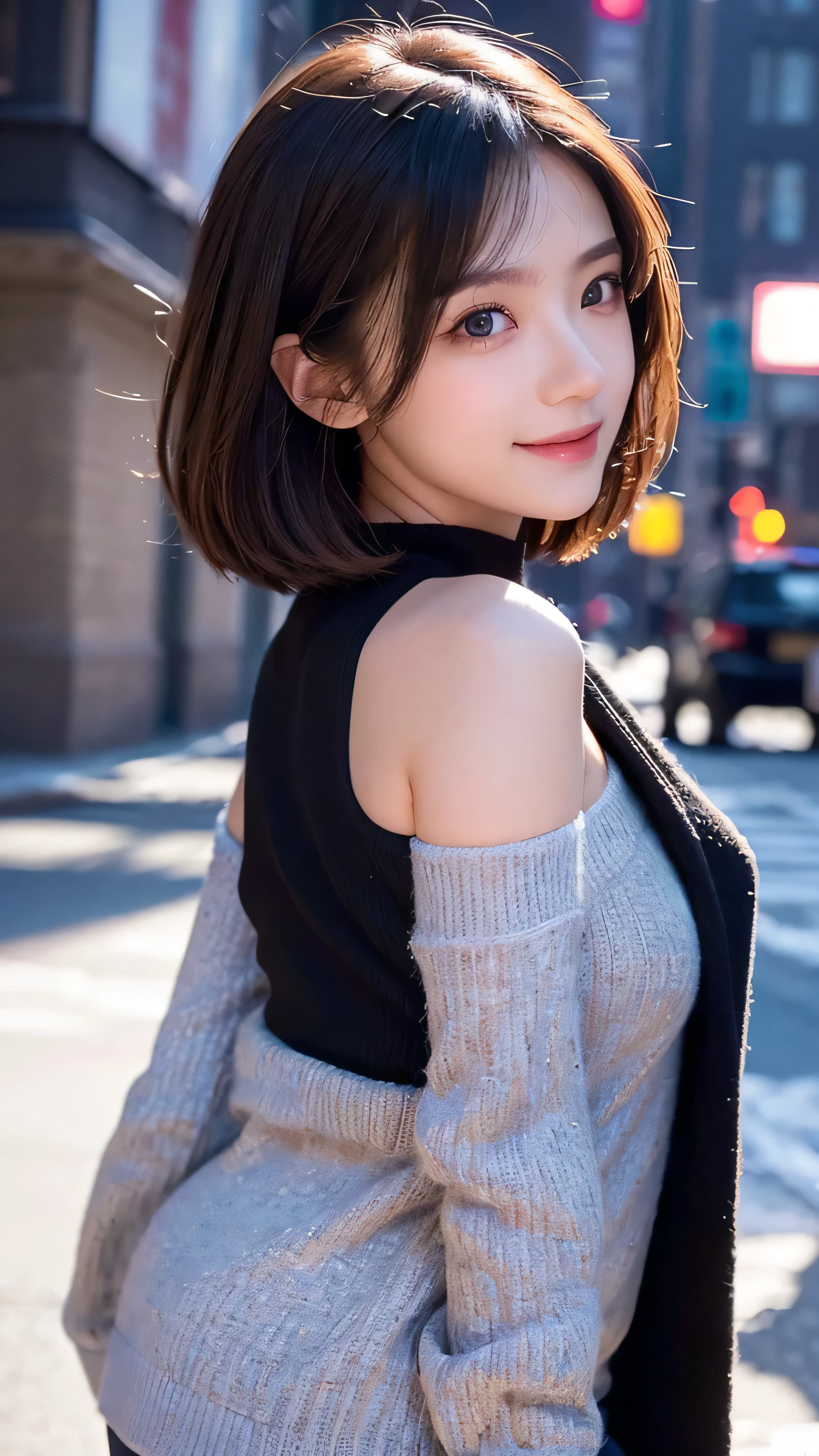 in high definition,(((New York street corner)))、((( brown, Shoulder length, straight short bob taken by someone)))、((( I can see the New York skyline in her background、 pose like a model at a beauty salon 。.)))、(((Casual black long sleeve winter clothing)))、 18 year old girl、Full body high definition image、light eye makeup、 brown Hair Color、 flat at honny 、 on the tip of the nipple、Quality of actress、Sparkling, Ultra Realistic Faces 、 Smile Face、Bloodshot eyes、 looks up、Subtle Lighting Effects 、 Ultra Realistic Capture、 very detailed、 high resolution 16K human skin close-up。 The texture of the skin is 、 while the illumination shines 、For more details、 must be clear enough to identify her pores .、The skin is healthy、 must always have a uniform tone、 use natural light and color、 model agency'Exclusive photographer